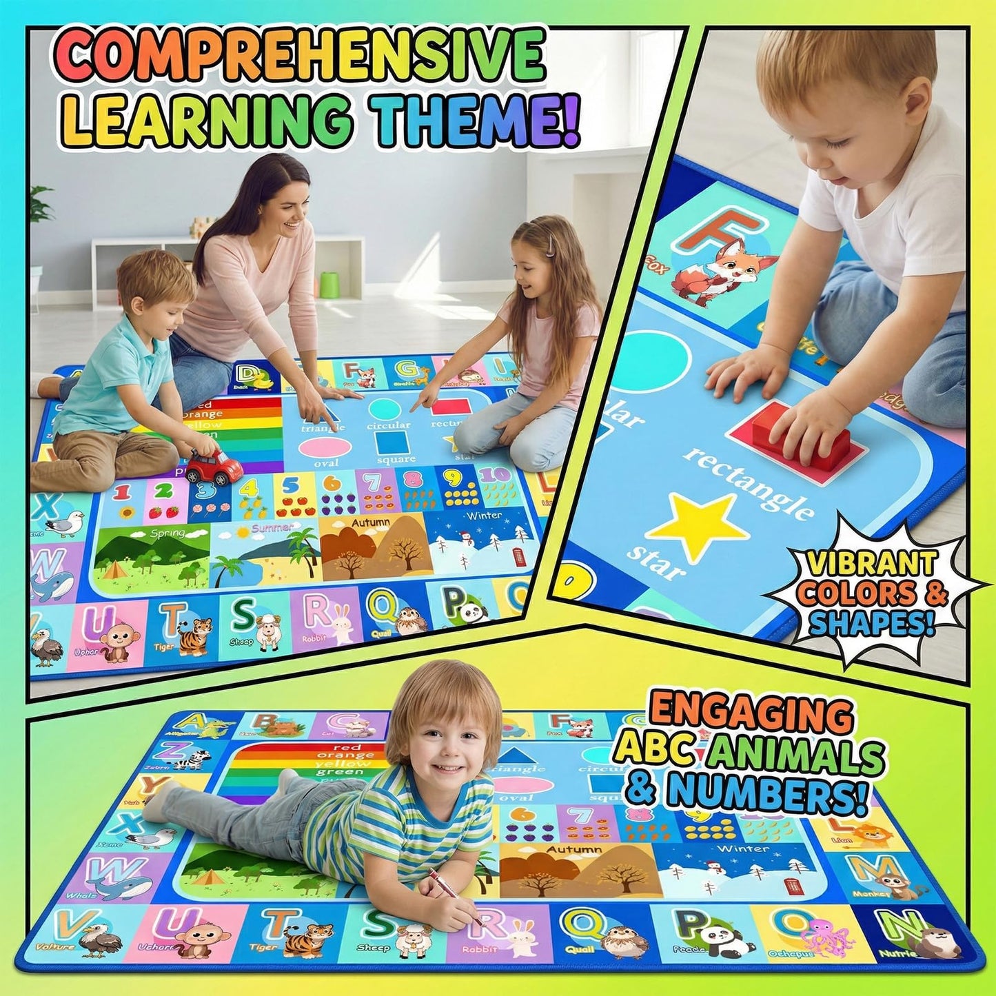 OGPJKEQR ABC Rugs for Kids Playroom Classroom, 4.5x6 Ft Educational Alphabet Rug with Numbers Animals Seasons Fruits, Non-Slip Washable Soft ABC Mat for Nursery Bedroom Boys Girls, Blue