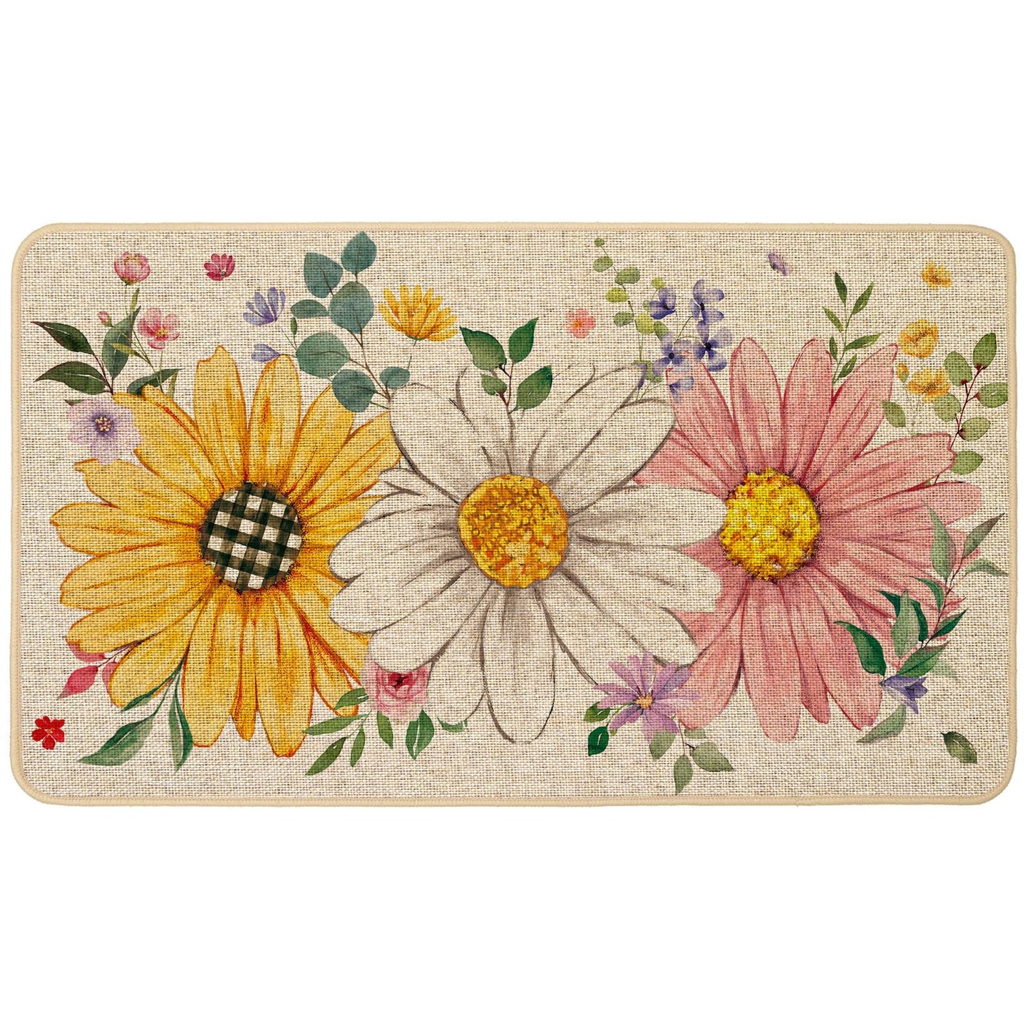 Baccessor Spring Summer Floral Doormat Outdoor Outside, Sunflower Daisy Flowers Door Mat Low-Profile Non-Slip Rubber Backing Entrance Front Seasonal Holiday Decoration 17x29 Inch