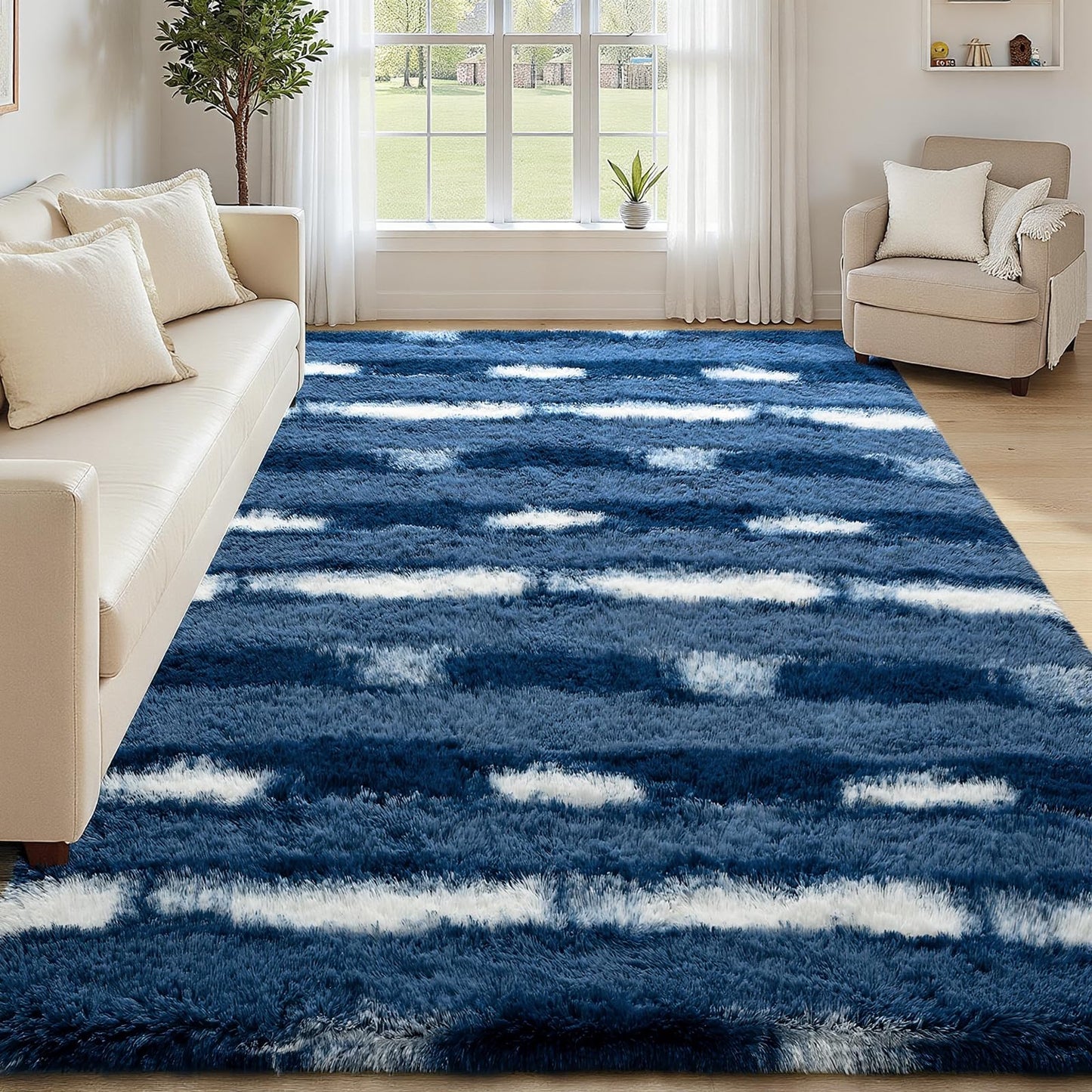 FALARK Shag Blue Striped Area Rug for Boys Room, 4x6 Feet Fluffy Soft Plush Rug for Kids Bedroom Decor, Indoor Non Slip Washable Carpet, Shaggy Carpets for Living Room, Playroom, Nursery