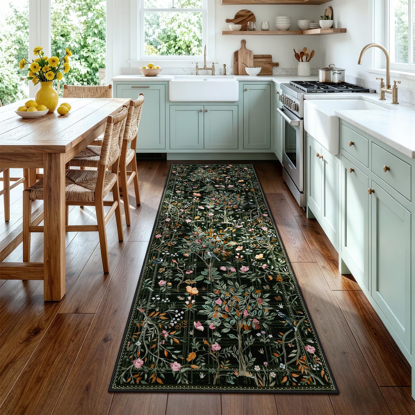 Morebes Floral Washable Rug Runners for Hallways Non Slip, Flower Kitchen Runner Rug 2x6, Boho Botanical Ultra-Thin Soft Floor Carpet for Bathroom Entryway Laundry Room, Black