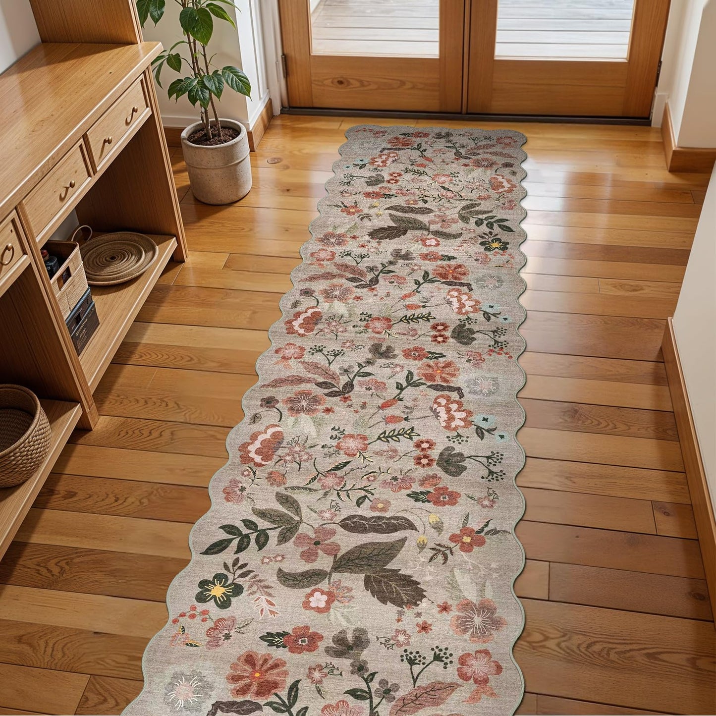 2x8 ft Non-Slip Washable Hallway Runner Rug – Boho Vintage Floral Carpet Runner for Kitchen, Bathroom, Bedroom & Entryway – Low-Pile Thin Soft Rug with Scalloped Edge (Beige Brown, 2x8)