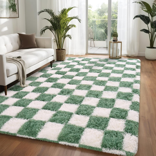 Nuttumico 4x6 Feet Sage Green White Checkered Rug, Fluffy Plaid Area Rug for Bedroom Living Room, Soft Shag Shaggy Carpet for Girls Room, Nursery Dorm, Non-Slip, High Pile