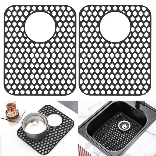 BEHOK 2 Pack Silicone Sink Protector for Kitchen Sink, 13.58" x 11.6" Heat-resistant Sink Mat Non-Slip and Durable Silicone Protectors, Rear Drain, Black