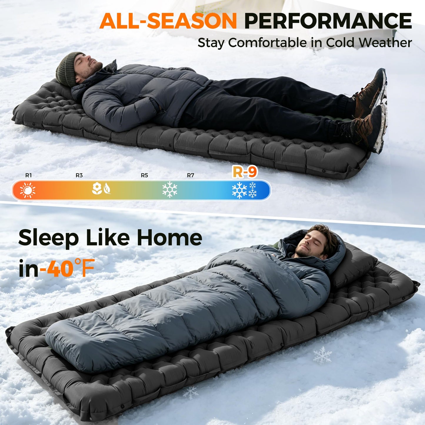 Asrug Camping Insulated Sleeping Pad with 9.0 R-Value for All Season Portable 4" Thick Camping Mattress Pad for Outdoor Hiking Tent Ultralight Backpacking Inflatable Sleeping Mat(Gray)
