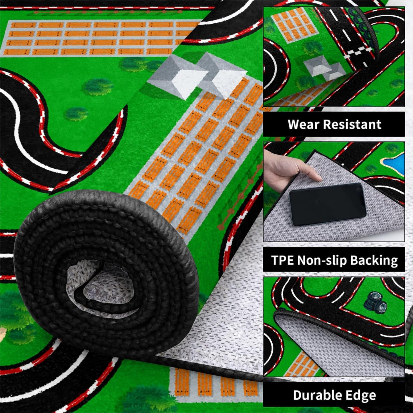 CRJMKS Non Slip Car Carpet for Kids Racing Road Car Playroom Mat, 2x3ft,Large Machine Washable Green Race Car Track Rug for Boy's Bedroom-Classroom Home Decor Soft Area Rugs