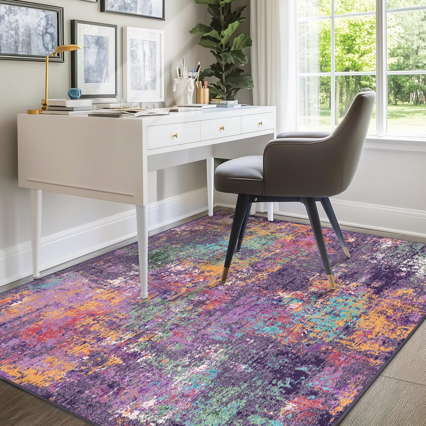 RELEANY Washable Area Rugs 8'x10' Non-Slip Modern Abstract Soft for Living Room Entryway Bedroom Kitchen, Print Pattern, Purple Orange Blue Green Rust Red Colorful