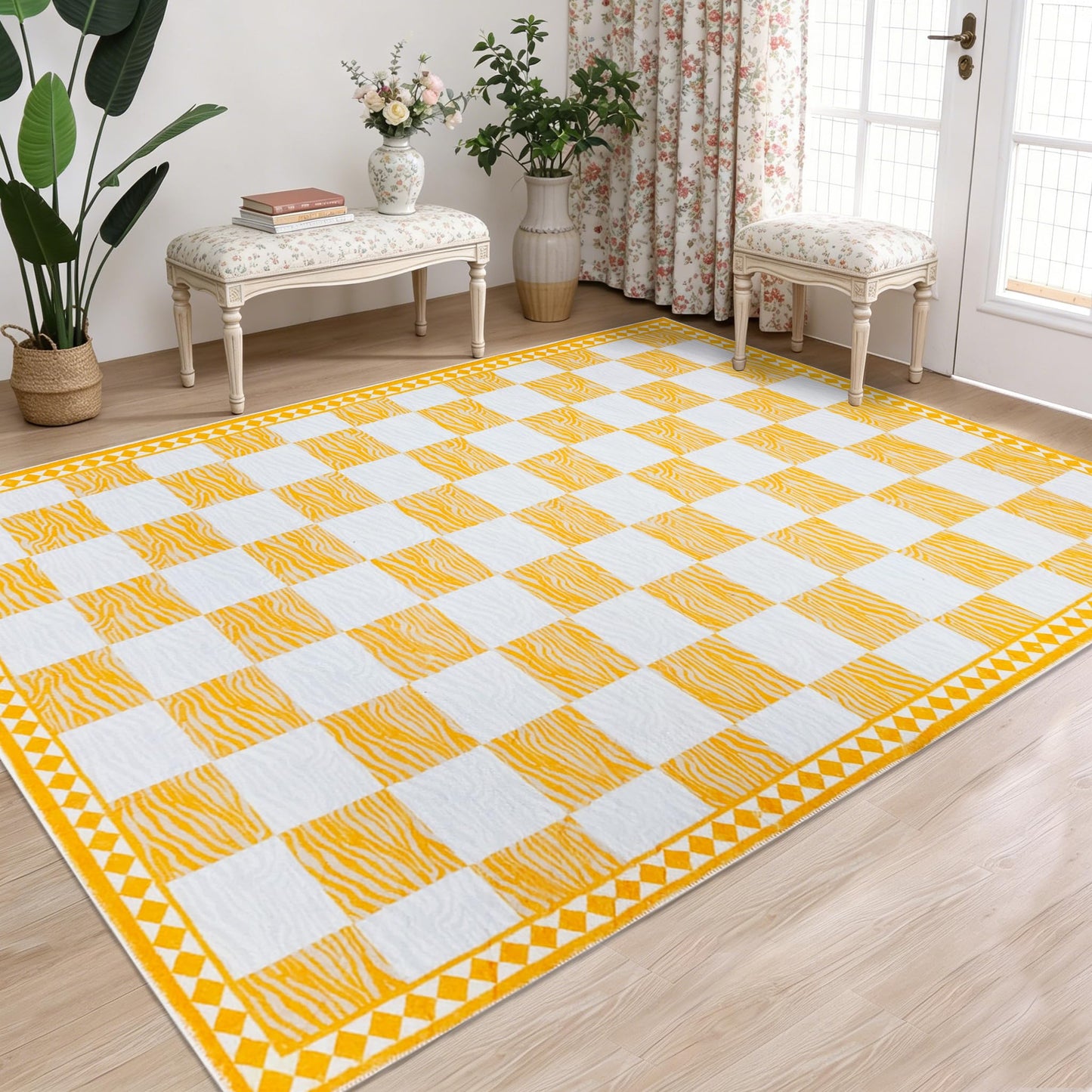Lacomfy Checkered Rug Carpet 5x6.6Ft Modern Abstract Zebra Mat for Kids Boys Girls Bedroom Farmhouse Living Room Office Entryway Decor, Chic Stripe and Checkerboard, Nonslip Washable, Yellow