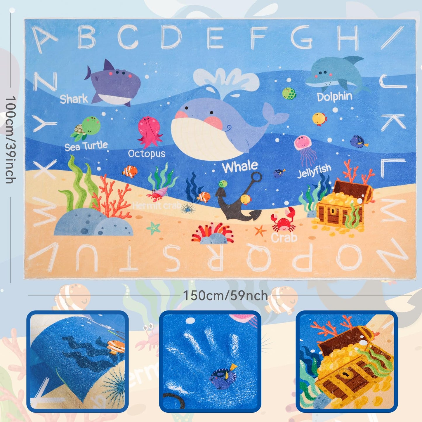 AKASISRUG Kids Rugs for Playroom,3'3" x 4'11" ABC Alphabet Whale Kids Rug,Non-Slip Ocean Kid Rug Play Mat,Washable Educational Classroom Rug Kids Area Carpet for Kids Room Playroom(for Age 2+)