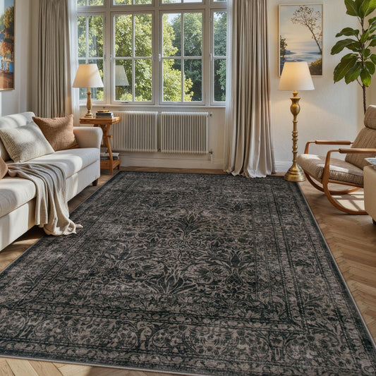 Lahome Floral Washable Rugs 5x7, Black Rug for Living Room Bedroom, Vintage Boho Non Slip Non Shedding Stain Resistant Dining Room Carpet for Under Table Office