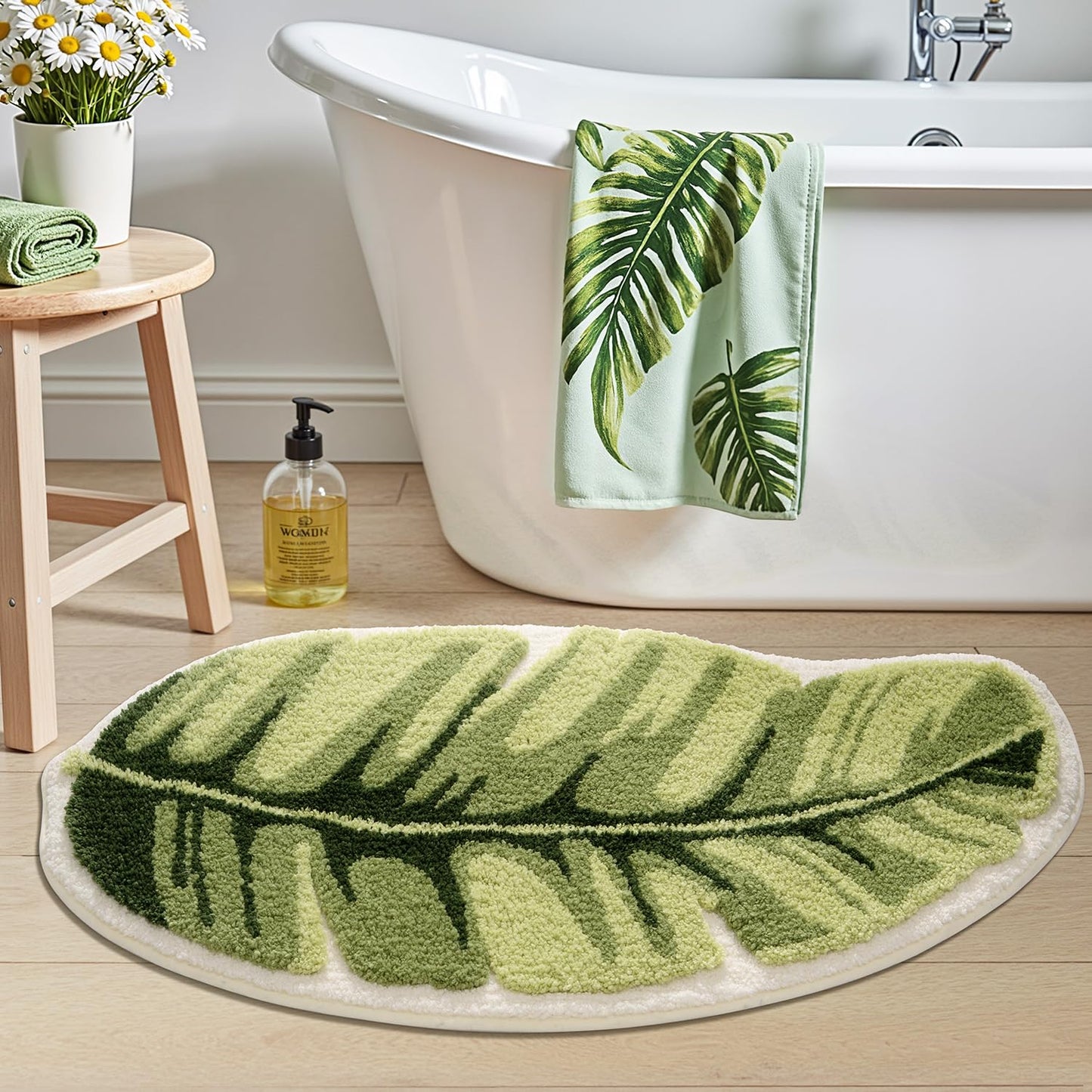 LUMI Cute Bathroom Rugs with Green Leaf Plant, Soft, Fluffy, Plush, Absorbent, Quick Dry, Non Slip, Machine Washable for Shower Floor, Bathroom, Bedroom,Kids Room, 19.5"x39.5", Palm Leaf