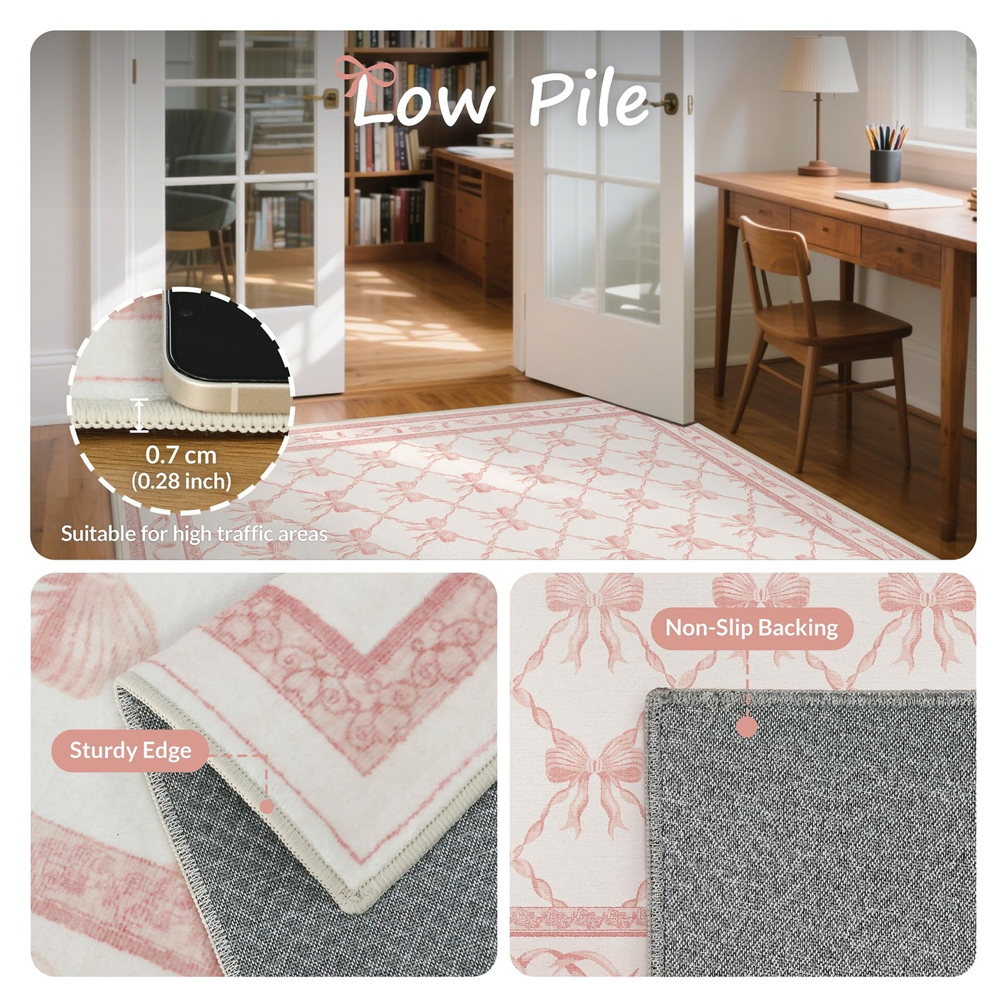 GENIMO 5X7 Pink Rug for Girls Bedroom, Machine Washable Nursery Light Pink Pastel Area Rug, Bow Pattern Floral Soft Cute Low Pile, for Teen Room Living Room, Playroom Dorm Room Home Decor