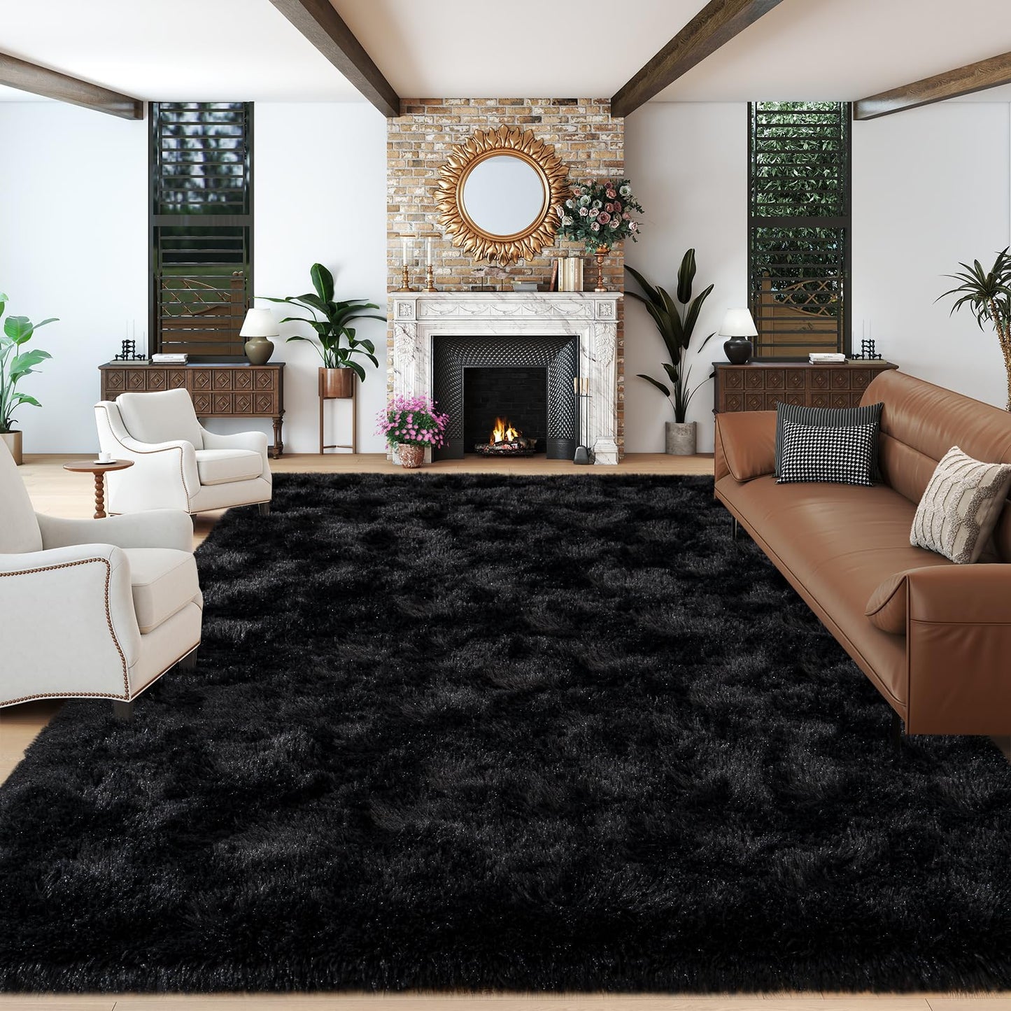 Dssimo Super Fluffy Black 8x10 Area Rugs for Living Room, Modern Large Shag Rug for Bedroom, Non-Slip Plush Shaggy Thick Black Carpet for Nursery Kids Room Boys Girls Dorm Indoor Home Office Decor