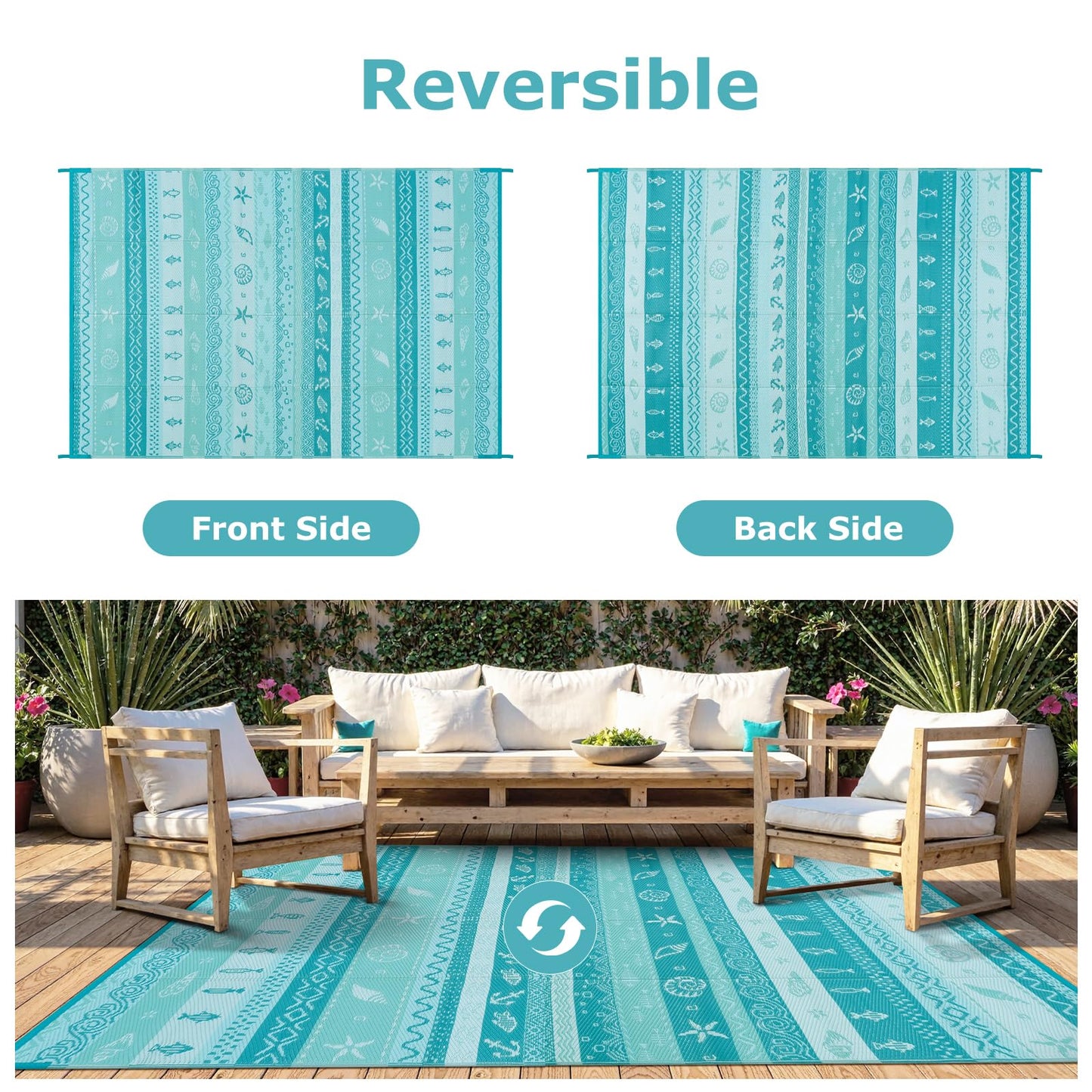 Uphome Coastal Outdoor Rug Waterproof 6x9, Reversible Ocean Beach Theme Striped Patio Plastic Straw Rugs, Tribal RV Camping Outside Carpet Mat for Pool Back Yard Deck Picnic, 6 x 9 ft