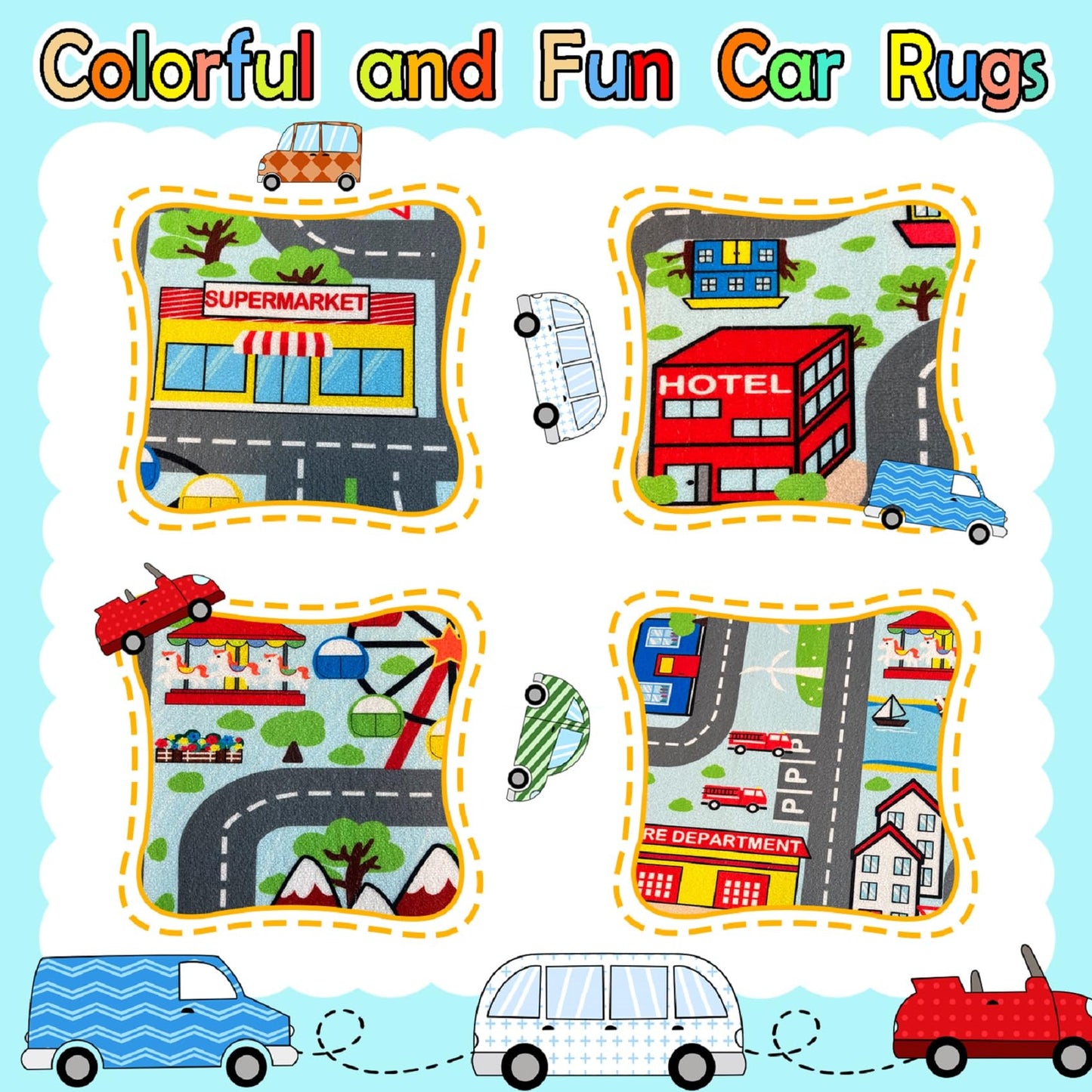 HBUFBUQ Car Rug 2.6x5 Feet - Road Carpet with Buildings & Supermarket Kids Play Rug for Plyroom City Rugs for Kids Play Activity