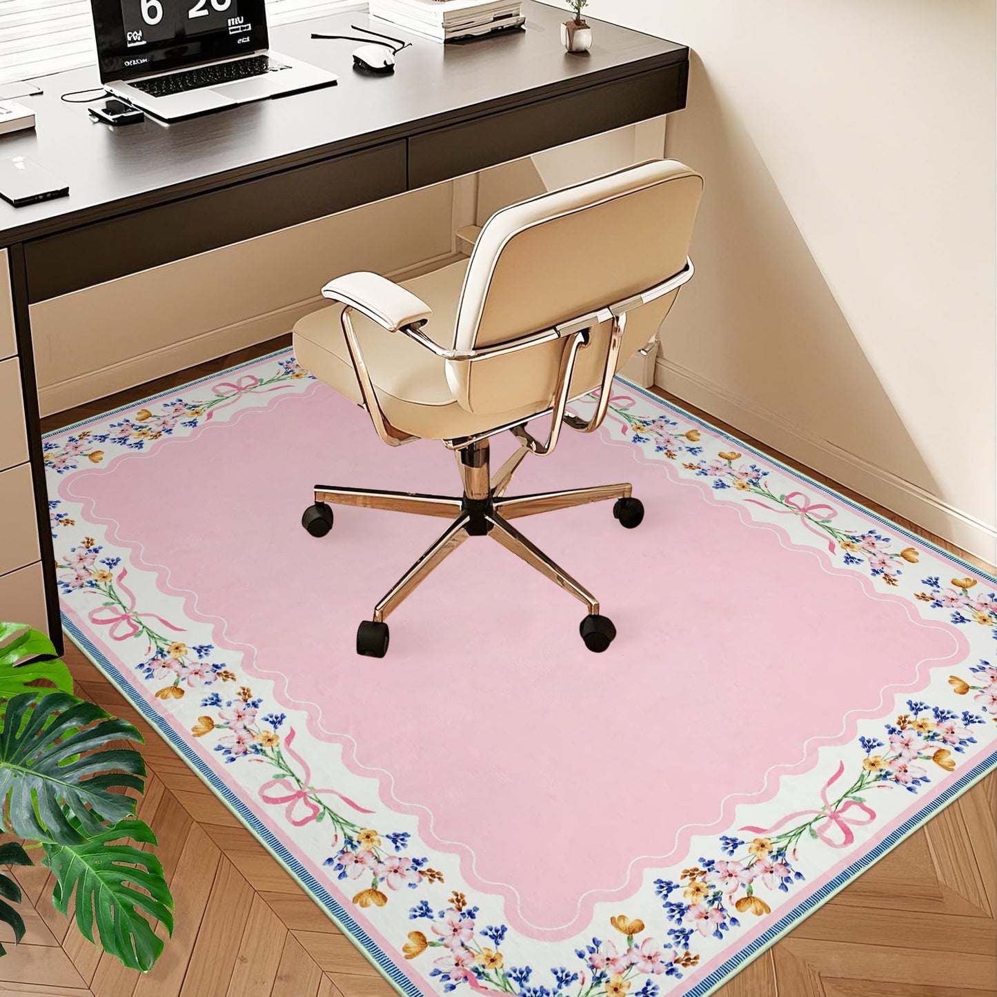 yueyaer Office Chair Mat for Hardwood/Tile Floor, 36"x48"Desk Chair Mat for Rolling, Non Slip Under TPR Backing Low-Pile Rug(Pink Bow Flower EA)