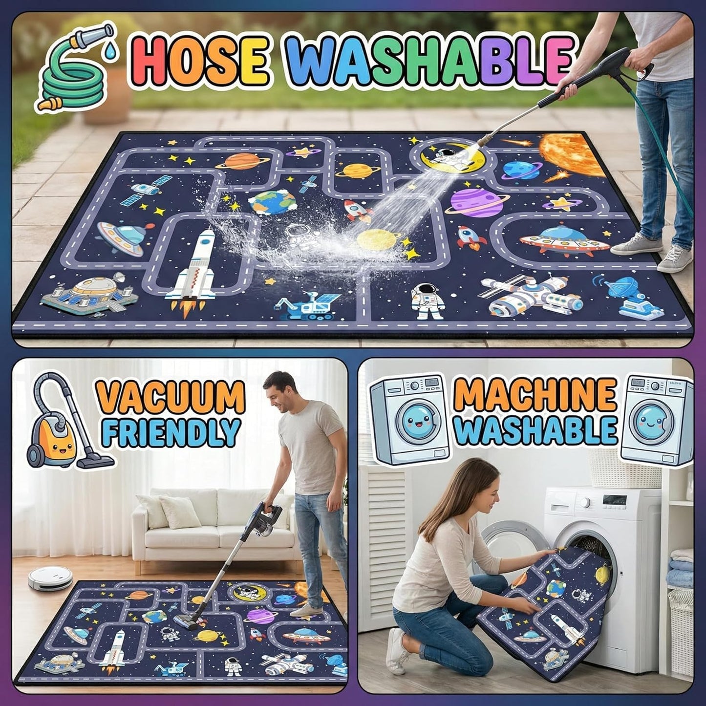 FTBNIQWRHN Outer Space Rug for Boys Room 2.5x4 Feet, Non-Slip Kids Rug with Roads and Tracks, Solar System Planet Play Mat, Galaxy Area Rugs for Bedroom, Playroom, Educational Floor Carpet