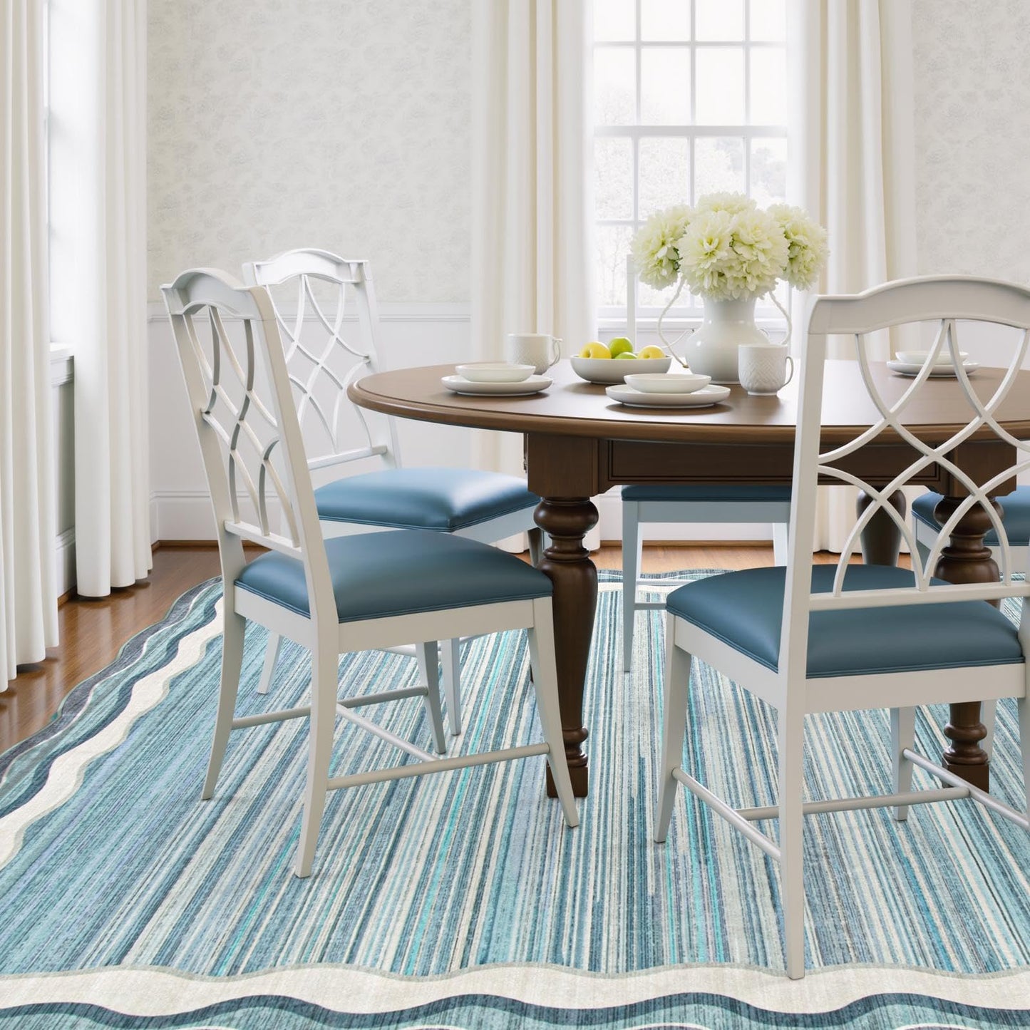 Lahome Estelle Scalloped Modern Washable Rugs 5x7, Blue Rugs for Bedroom Soft Living Room Rug, Abstract Minimalist Non Slip Low Pile Throw Carpet for Dining Room Home Office (Blue,5x7)
