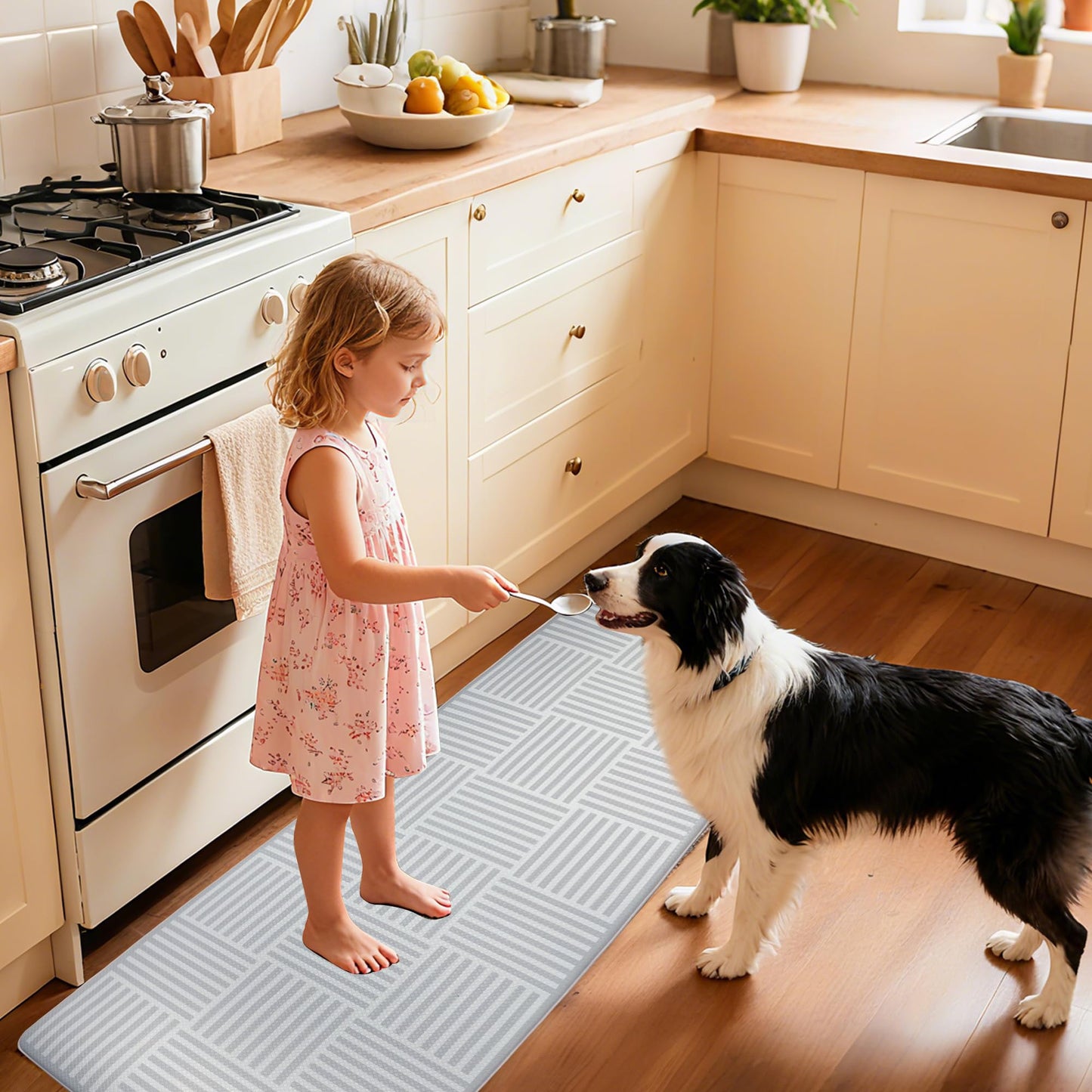 Kitchen Mats For Floor 2 Piece Cushioned Anti Fatigue Kitchen Plaid Rugs Set Non Slip Waterproof Comfort Foam Standing For Laundry,Desk,Office,Bathroom,Apartment Decor,17.3"X29"+17.3"X47",Grey