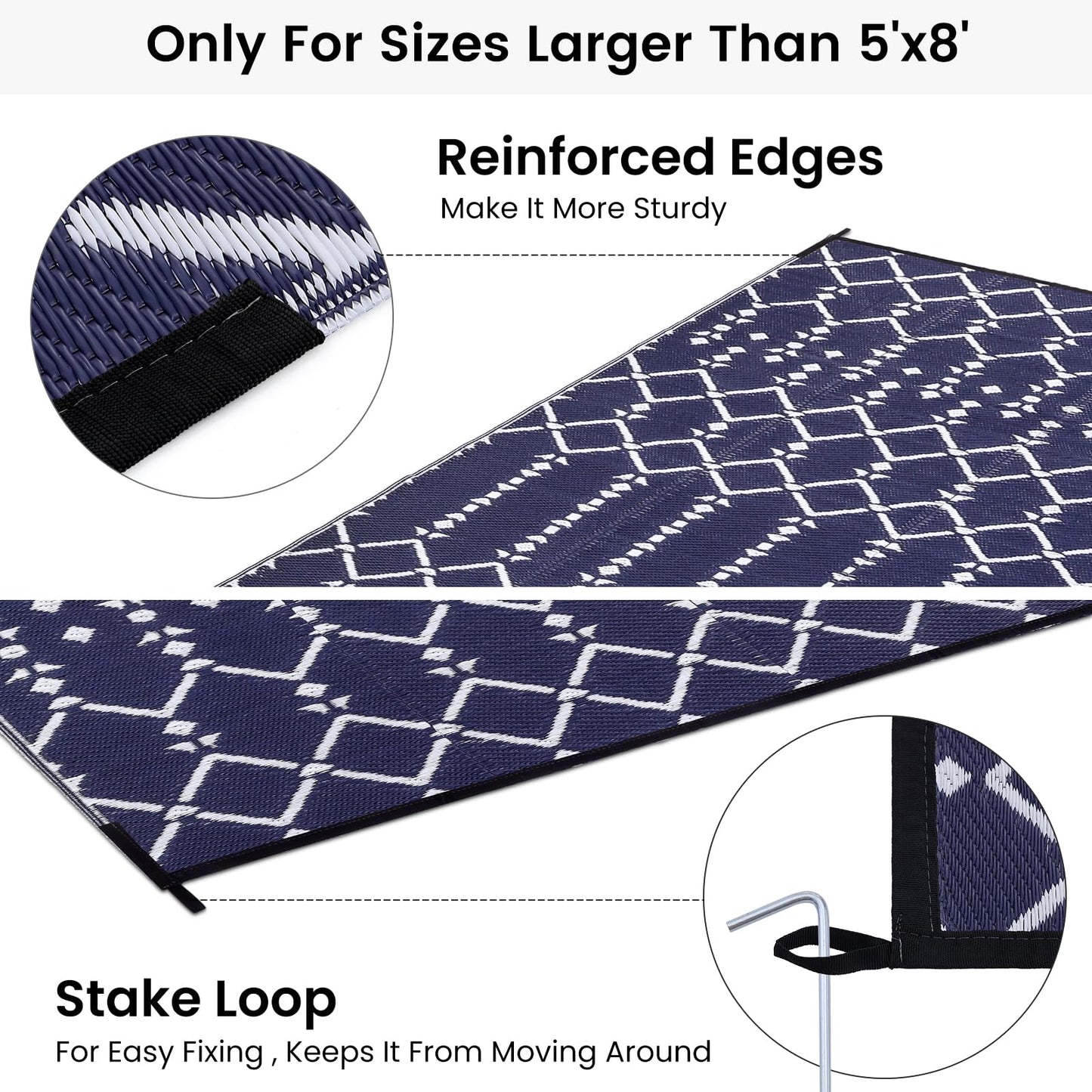 Smiry Outdoor Rug 6x9 ft, Waterproof Reversible Plastic Straw Rugs, Boho Outdoor Area Rug, Outside Floor Mat for Patio, Backyard, Deck, Picnic, Beach, Camping, Navy
