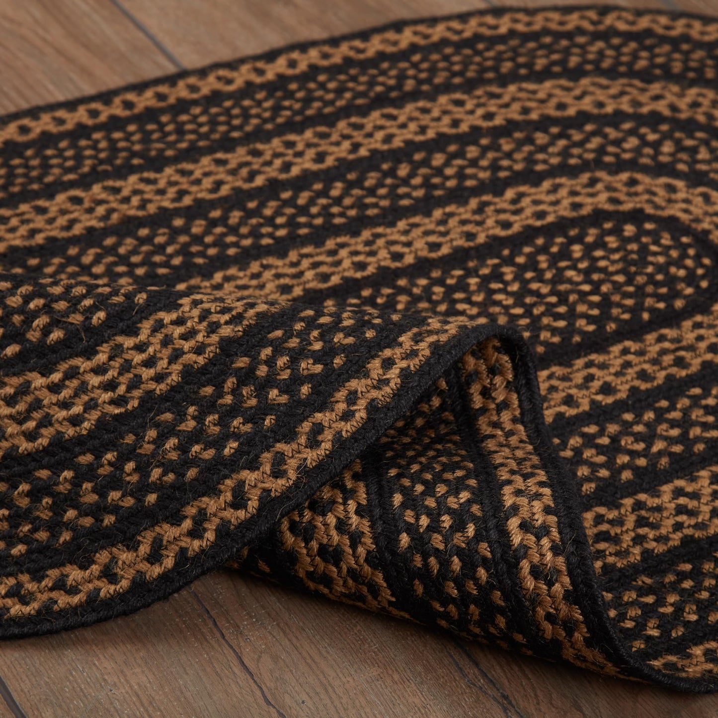 VHC Brands Farmhouse Primitive Jute Black Striped Accent Rug Oval w/Floor Pad 27"x48"