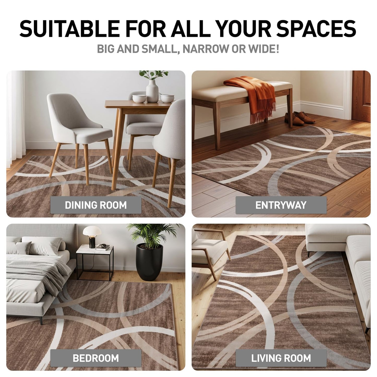 Rugshop Modern Wavy Circles Design Area Rug, Fade-Resistant Carpet for Living Room, Bedroom, or Dining Room, Grand Room,Open Spaces Brown, 8'8" x 12'