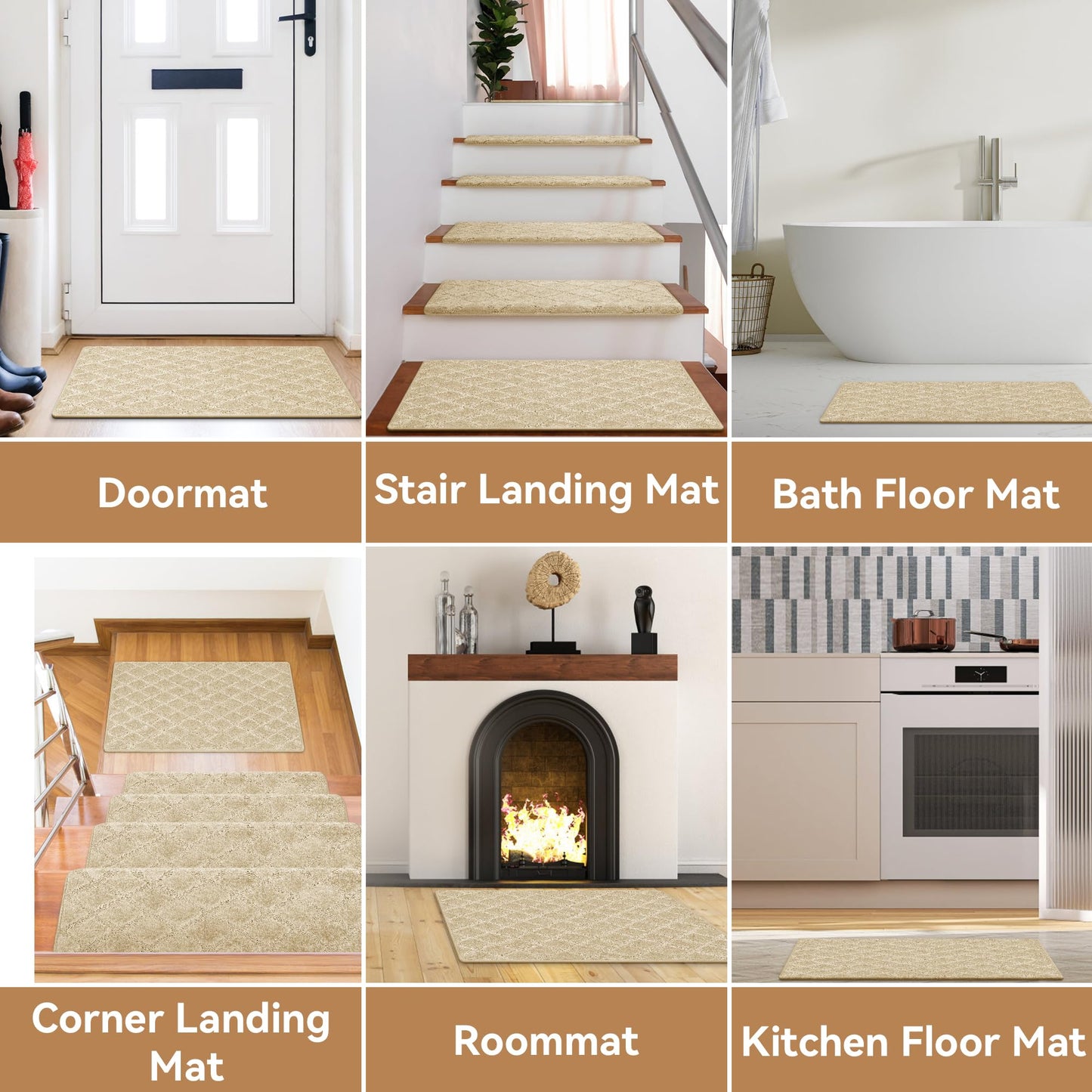 NEKL Stair Landing Mat 24 * 36 Inch, Peel and Stick Carpet Stair Treads for Wooden Steps Indoor with Adhesive Non-Slip Backing - Diamond Pattern Khaki