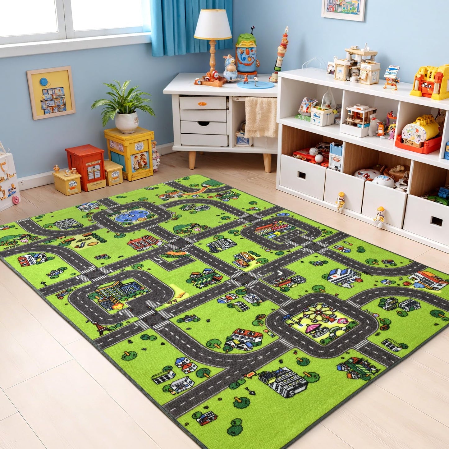 Terrug Kids Rug for Playroom, Non-Slip Washable Educational City Map for Classroom, Town Road Playmat Carpet for Bedroom Learning, 4x6 Feet