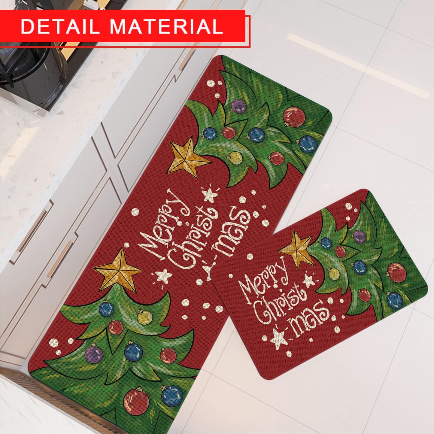 Mloabuc Merry Christmas Kitchen Mats Set of 2, Anti Fatigue Waterproof Stain Resistant Floor Rug Blue Christmas Decorative Non Slip Cushioned Floor Mat - 17x29 and 17x47 Inch