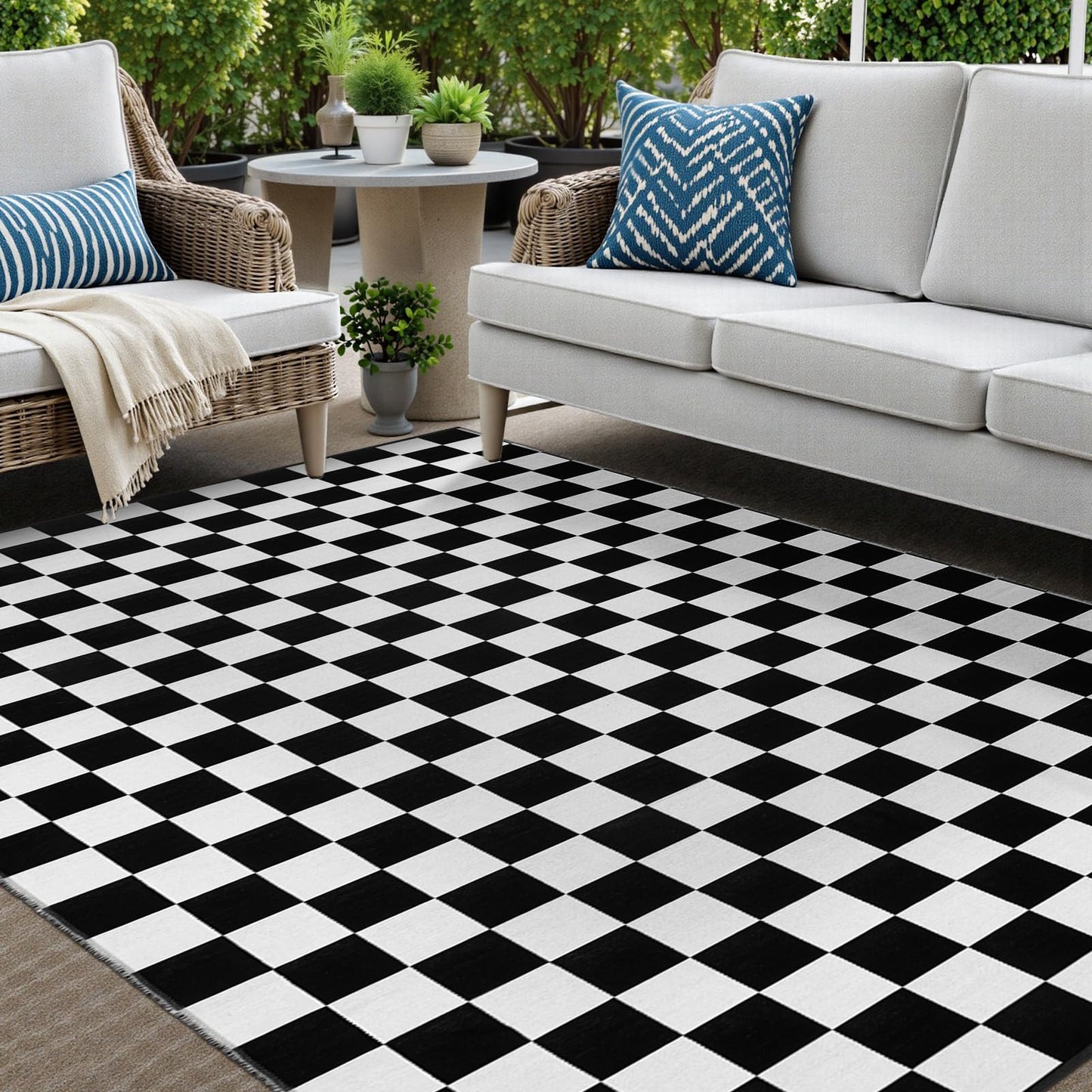 Seavish Checkered Rug, 5x8 Ft Black and White Rug, Retro Moroccan Checkerboard Rugs, Lightweight Outdoor Washable Area Rug, Rustic Floor Carpet Decor for Living Room Bedroom Dining Room Patio