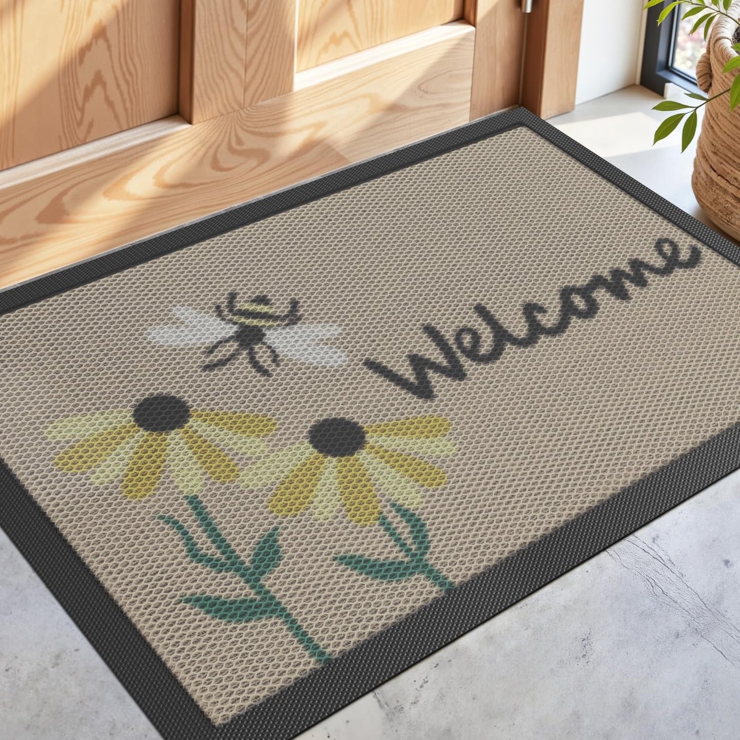 DEXI Front Door Mat Outside Entrance Welcome, Froral Entryway Doormat Dirt Trapper, Heavy Duty Non Slip Entry Mats for Patio Garage Porch Home Decorative, 17x30, Bee and Flower