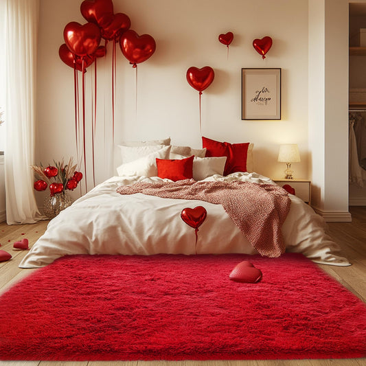 Red Fluffy Area Rug for Bedroom: Soft Plush Rugs for Living Room & Kids Room - Shaggy Carpet for Valentine's Day Decor