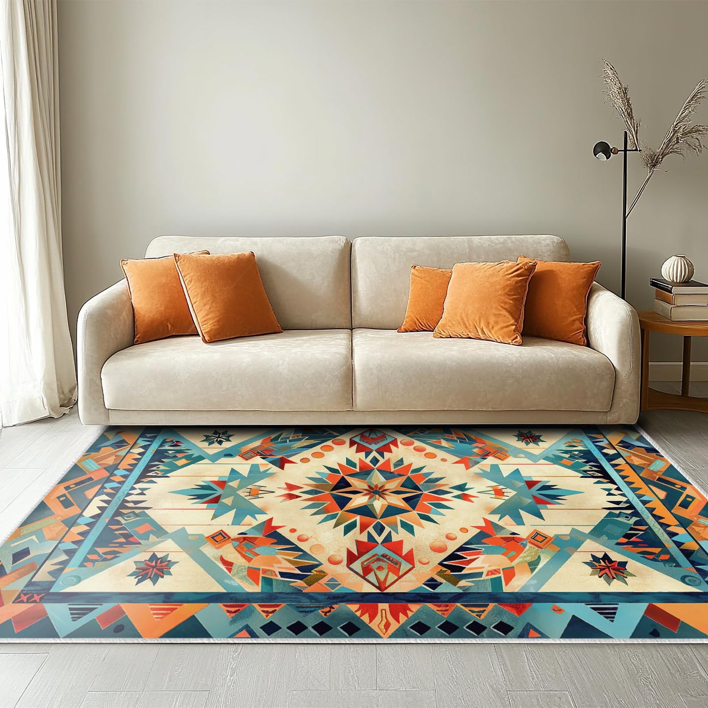 5x7 Aztec Rug Western Area Rug Southwestern Tribal Orange Blue Bedroom Ultra-Thin Soft Low Pile Large Carpet Living Room Non Slip Dining Room Stain Resistant Office Washable Machine