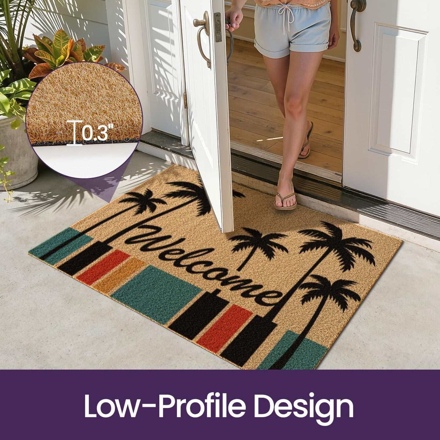 DEXI Front Door Mat Outside Entrance, 2x3 Heavy Duty Welcome Entry Summer Tropical Plant Doormat, Non Slip Entryway Floor Dirt Trapper for Porch Patio, Coconut Tree