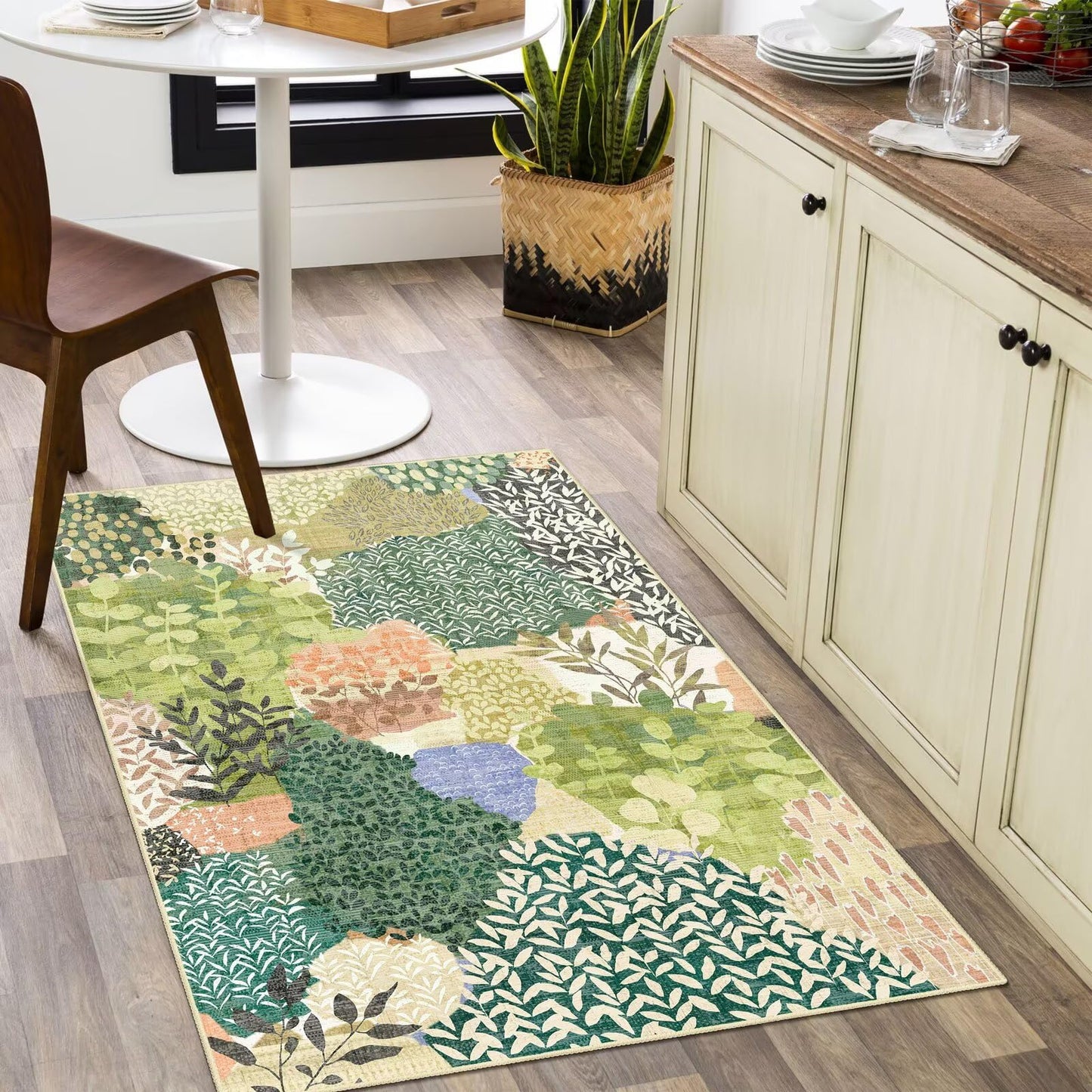 DEXDE 2x3 Area Rug, Small Boho Rugs Entryway Doormat Indoor Machine Washable Non-Slip Abstract Botanical Leaves Floral Print Floor Carpet for Living Room, Bedroom, Office, Kids Playroom,Green