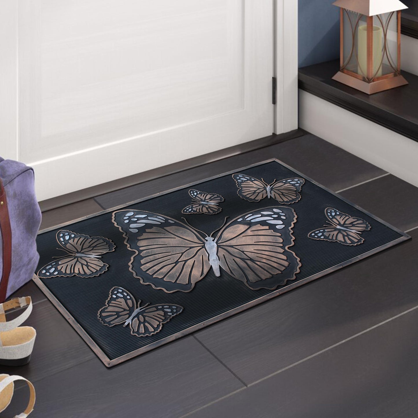 A1HC Rubber Welcome Doormat for Outdoor Entrance, Non-Slip Backing Front Door Mat for High Traffic Area Use, Fun Designed Entrymat, 18"x30" Butterflies Copper