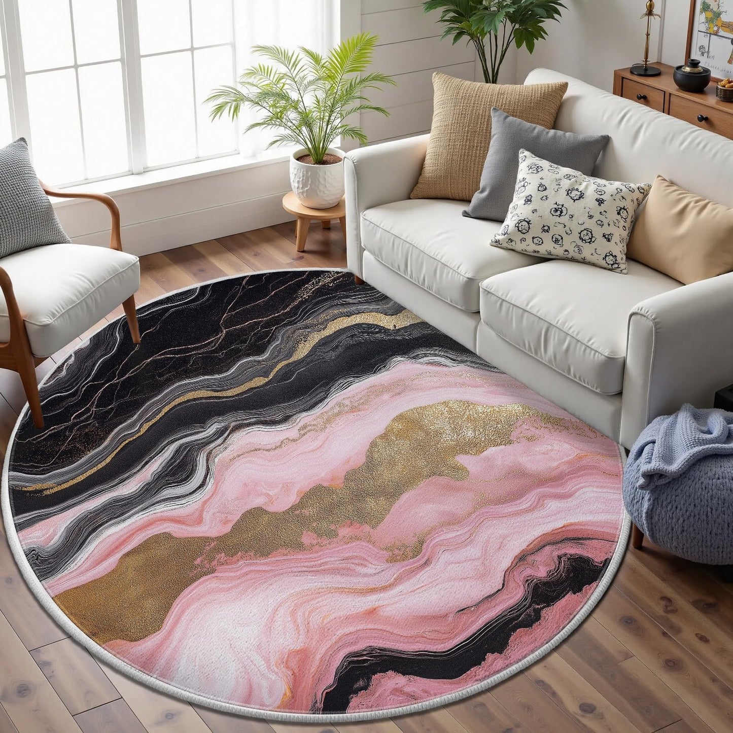 bstract Round Area Rug 4ft Modern Marble Pattern Pink Decorative Circle Rug Low-Pile Soft Carpet Washable Indoor Floor Mat for Living Room Bedroom Dining Room Home Office