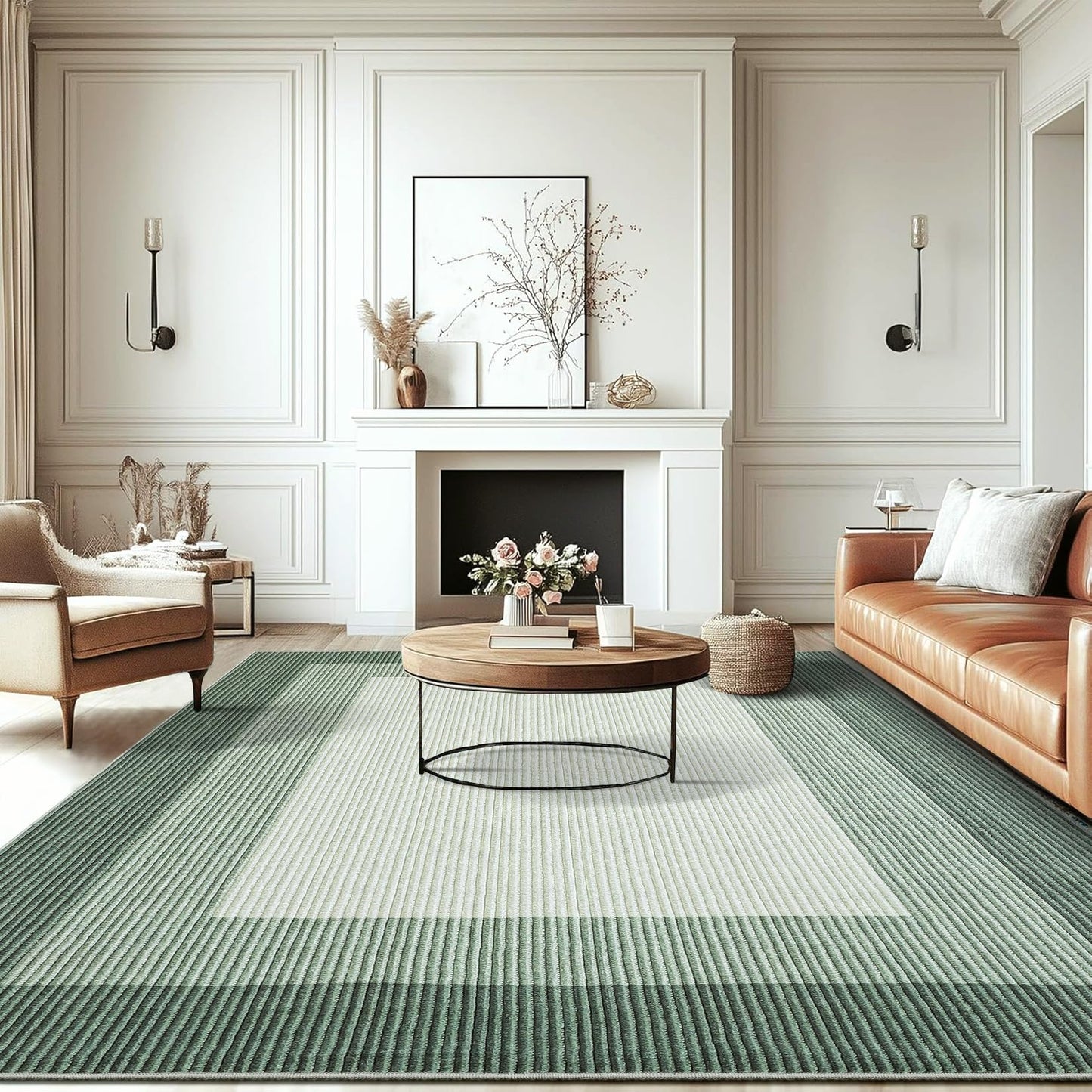 GarveeHome Washable Rug 8x10 Living Room Rug Neutral Bordered Carpet for Dining Room Solid Non Slip Low Pile Pet Friendly Large Carpet for Farmhouse Apartment Bedroom Dorm Green