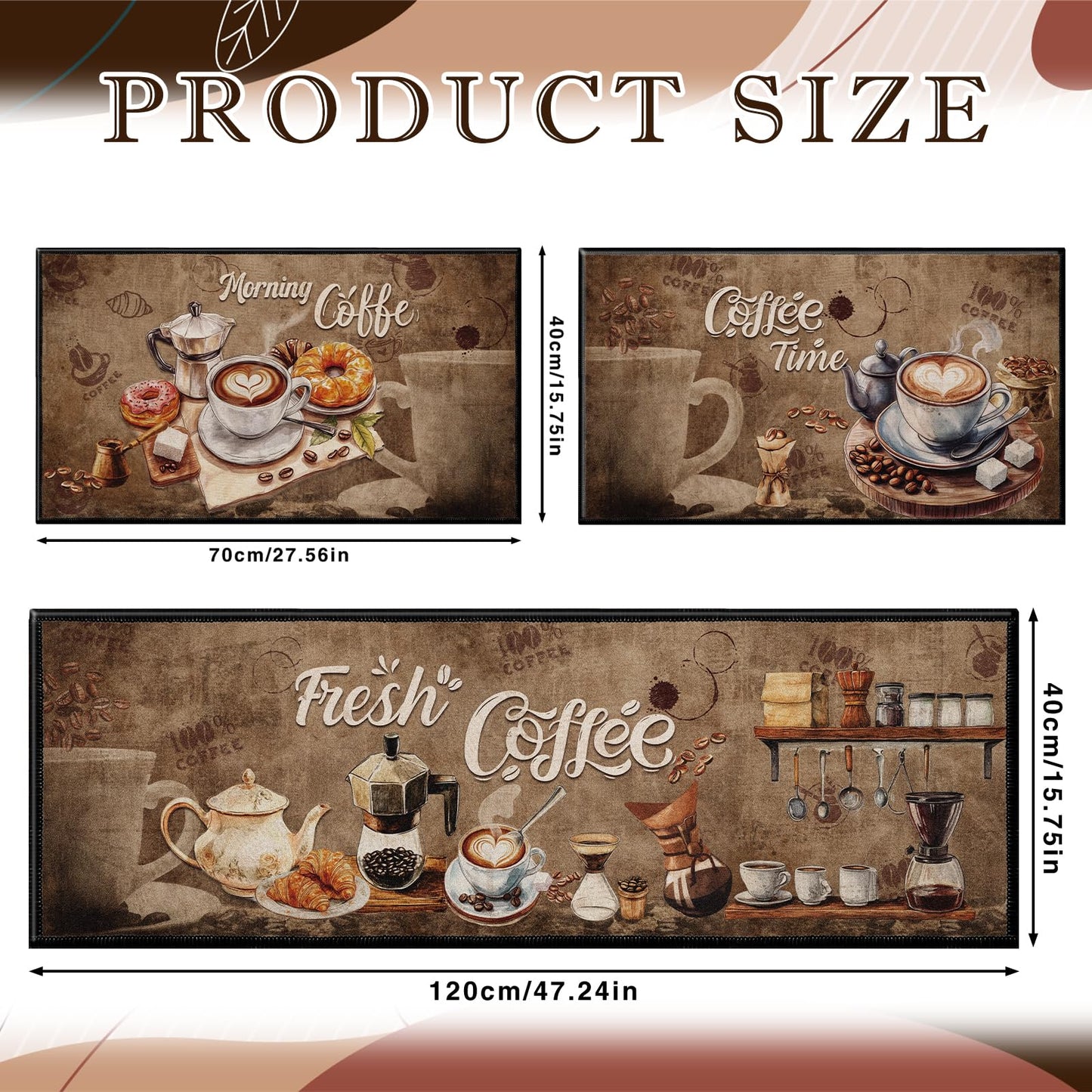 InIsaJace Coffee Rugs for Kitchen Floor, Kitchen Mats for Floor 3 Pieces Non-Slip, Absorbent Washable Runner Rugs Farmhouse Style Kitchen Bar Mat(16x28 +16x47)