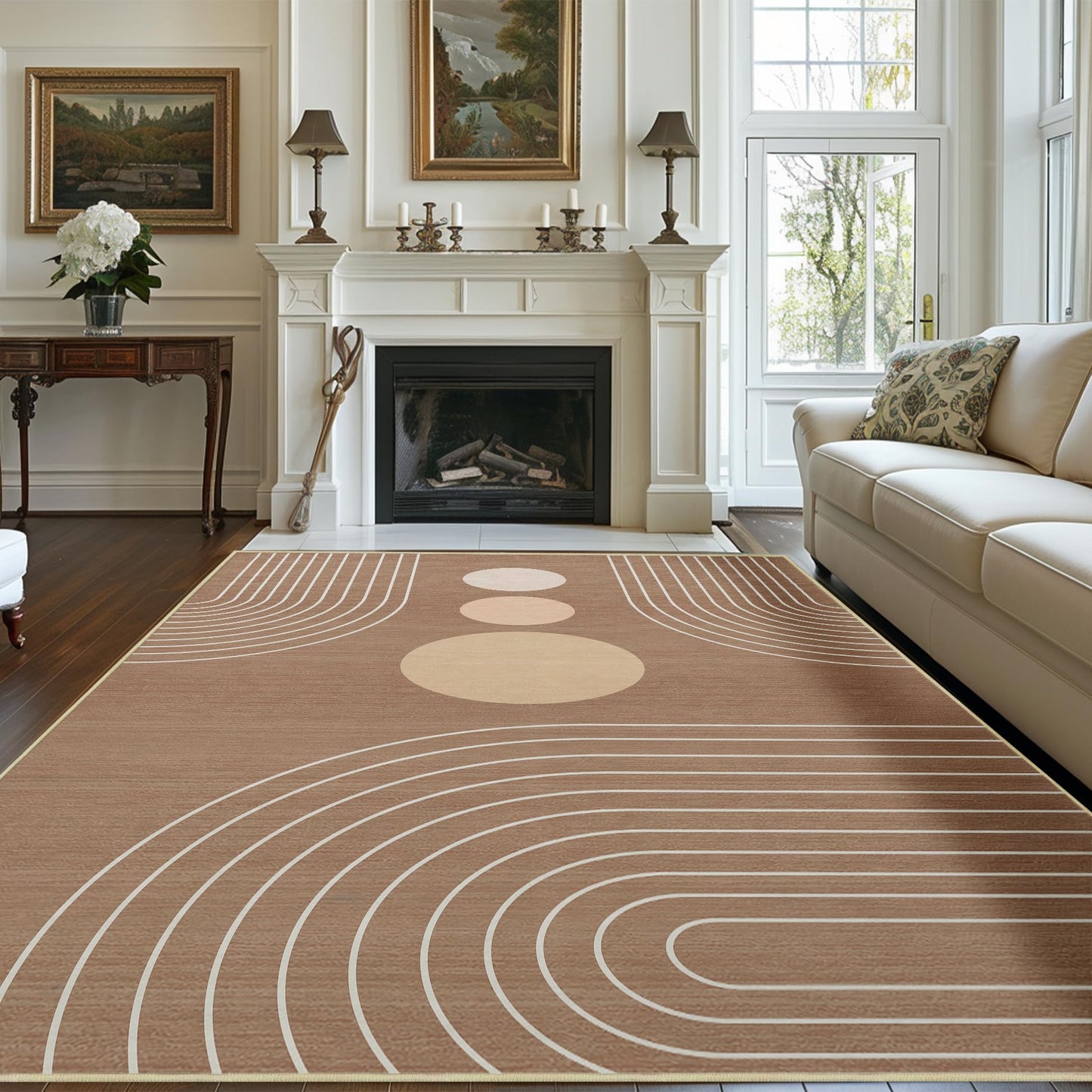 Area Rug 5x7 Boho Modern Minimalist Geometric Abstract Rug Brown Mid Century Modern Rug for Living Room Machine Washable Non-Slip Printed Low Pile Indoor Carpet for Bedroom Dining Room Office Brown