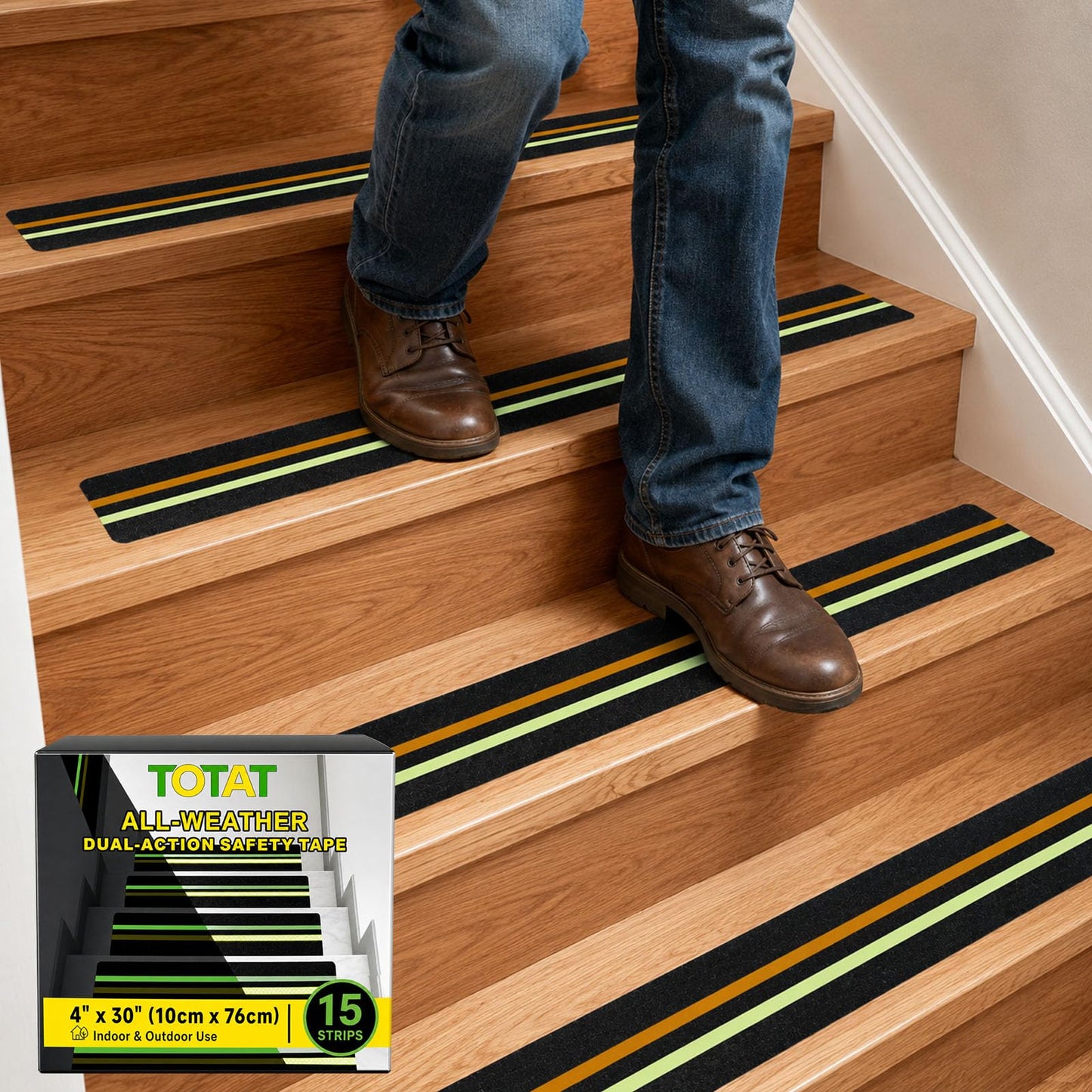 TOTAT 15 Pack Glow in the Dark & Reflective Non Slip Grip Strips, 4" x 30" Precut Anti Slip Tape for Stairs, Heavy Duty Waterproof Safety Treads Strips for Outdoor/Indoor Steps, Decks & Garages