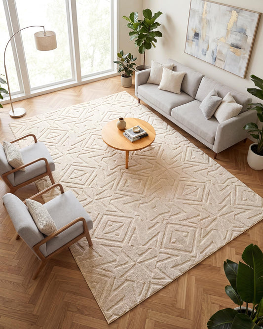Carvapet 5x7 Area Rug - Beige Modern 3D High Low Pile Texture Floor Carpet, Washable Soft Plush Velvet Rug with Skid-Resistant Rubber Backing for Living Room Bedroom Nursery