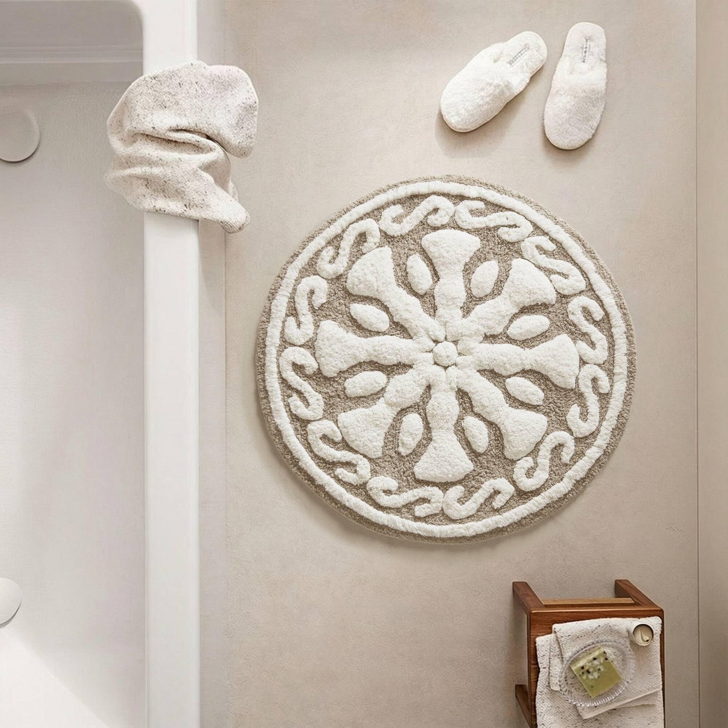 Madison Park Casablanca 100% Cotton Tufted Bathroom Rugs Luxurious Plush Medallion Floral Pattern Bath Mat Absorbent, Quick Dry, Spa Design Shower Room Décor, Round 25", Taupe