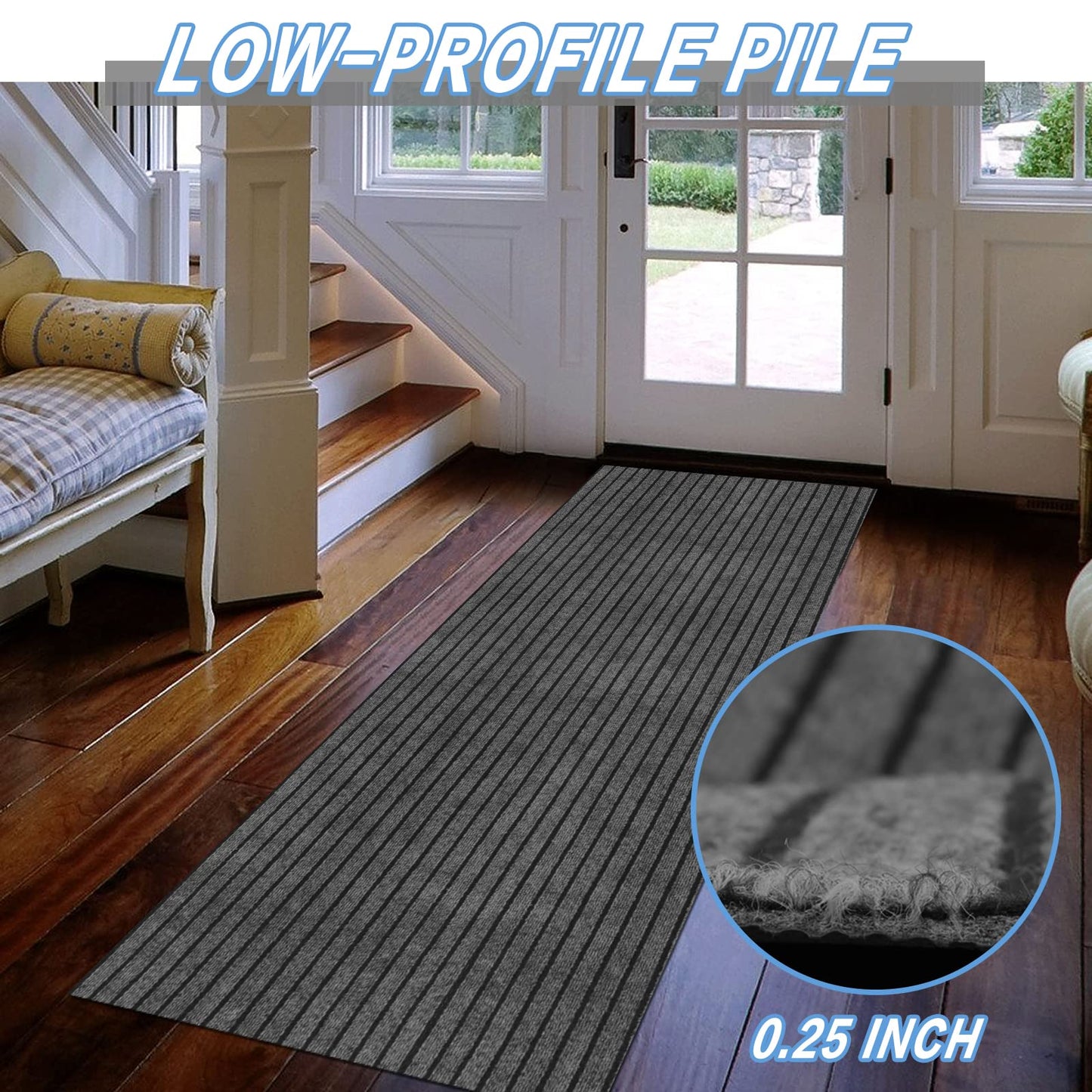 FREADEM Runner Rugs 2' x 6' Indoor Outdoor Carpet Runner, Area Rugs with Anti-Slip Rubber Backing for Aisle Hallway Balcony Garage Entryway Stair, Grey Stripe