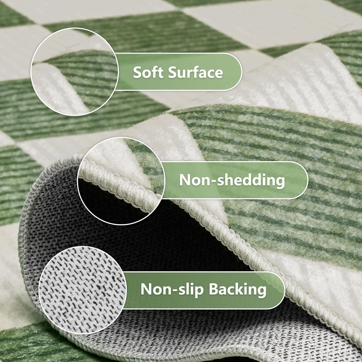 Kiginara Washable Green Checkered Rug 5x7, Non-Slip Low Pile Area Rug for Living Room, Bedroom, Nursery, Modern Neutral Farmhouse Diamond Carpet, Pet & Kid Friendly