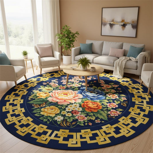 Round Area Rug 4ft Vintage Floral Geometric Border Circle Carpet for Living Room Bedroom Dining Room Soft Non Slip Washable Low Pile Rugs Nursery Farmhouse Navy Blue Gold Rug Oriental Traditional Mat