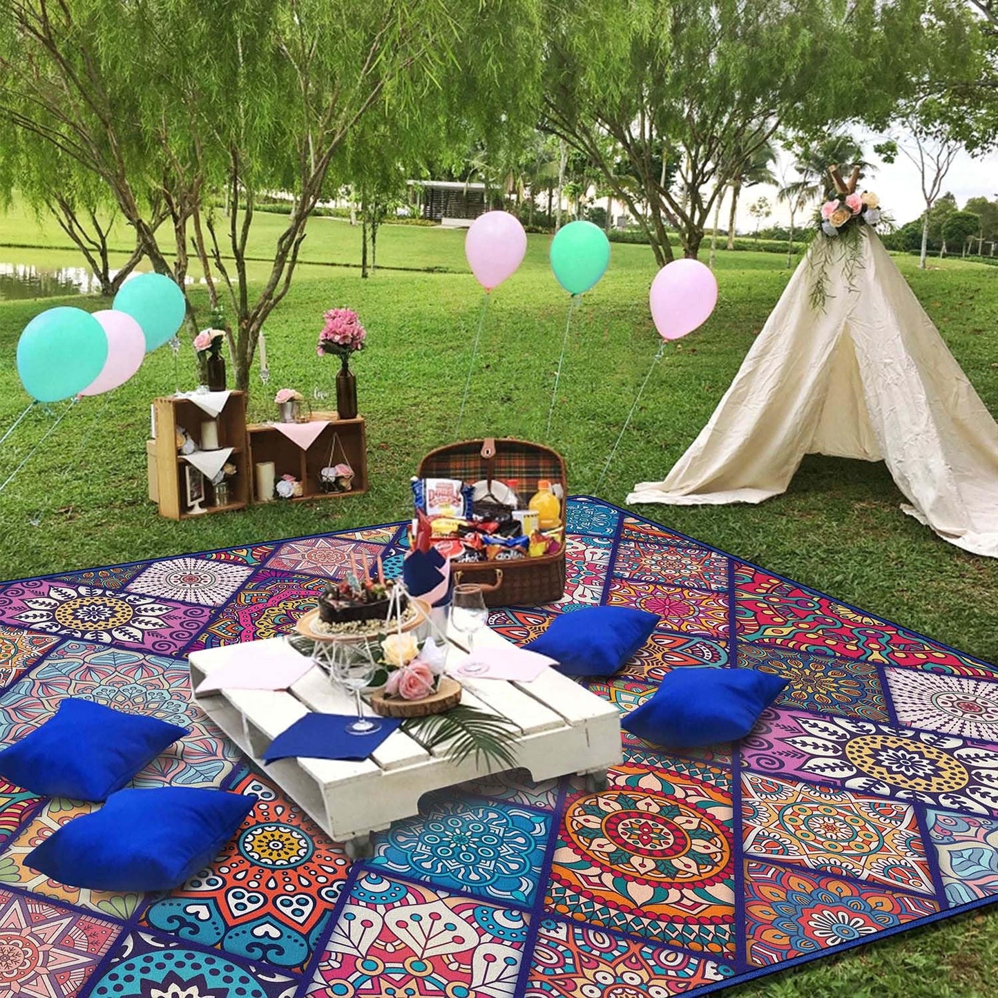 Fefede Waterproof Picnic Blankets Foldable & Portable 60''x80'' Boho Picnic Mat for Outdoors, Large Washable Picnic Blanket for Travel Camping Beach, Park Grass Picnic Blanket Accessories for Adults