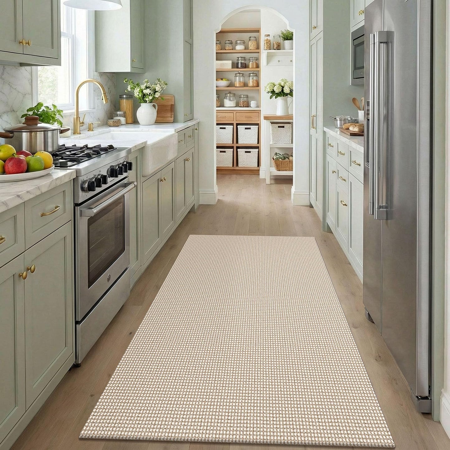 KOZYFLY Washable 4x5 Entry Woven Area Rug, Braided Throw Rugs for Entryway, Non Slip Door Mat Indoor Entrance, Flatweave Carpet for Foyer, Bedroom, Dining, Office, Ivory/Camel/Brown