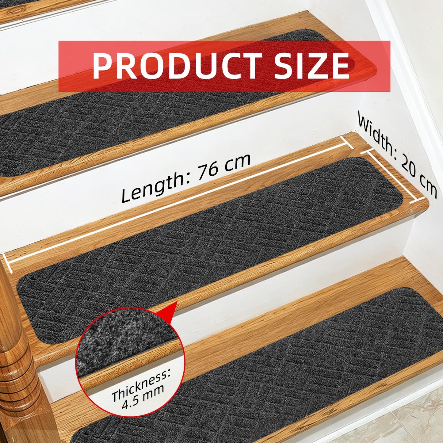 WELSTIK Non-Slip Stair Treads 30x8 Inch, Indoor Carpet Runners for Wooden Steps, Edging Stair Rugs with TPE Backing, 100% Polyester, Safe for Kids and Dogs (15 Pack, Grey)