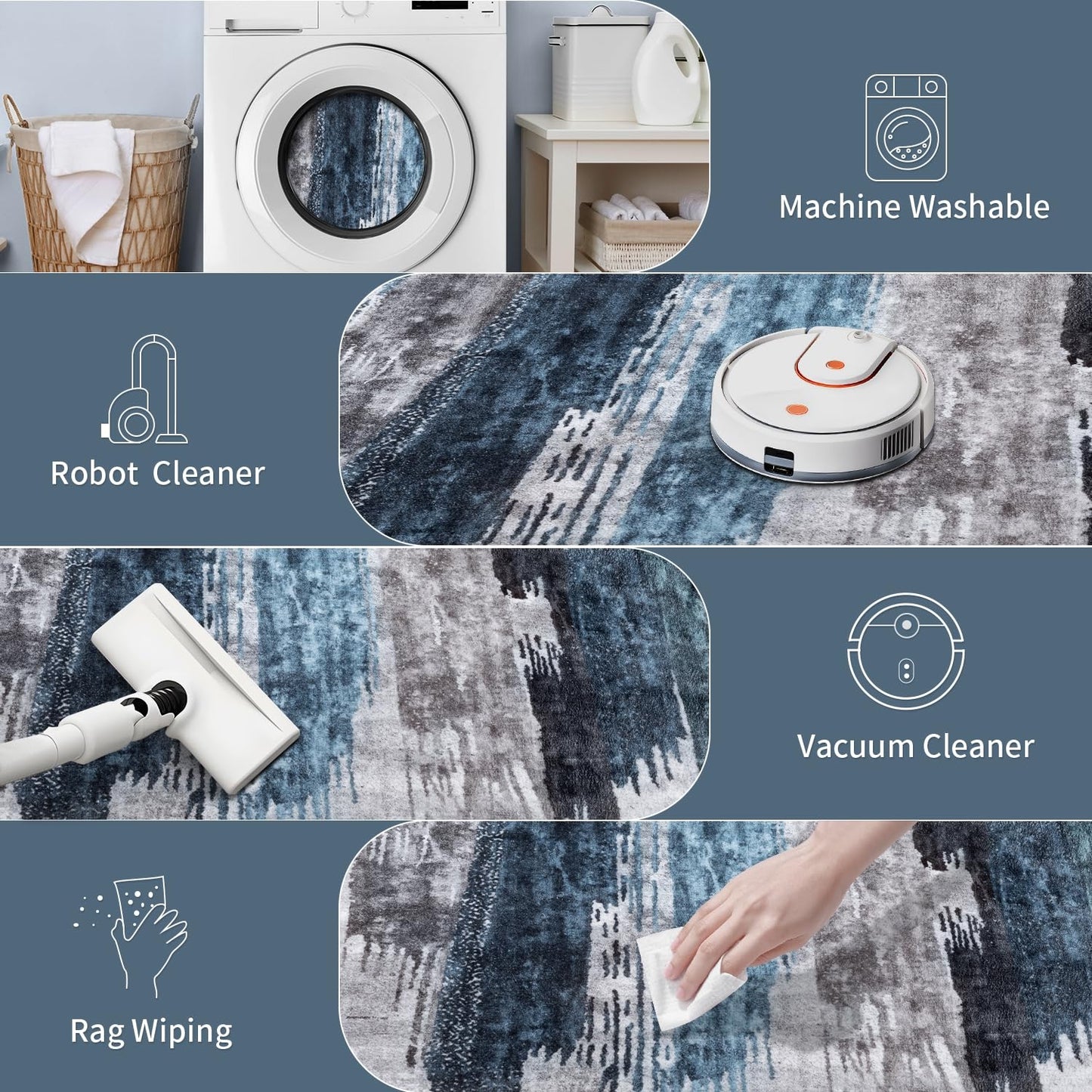 Ciicool Modern Abstract Area Rug 2x3 Washable Small Entryway Rug, Non-Slip Low Pile Throw Rug, Foldable Kitchen Bathroom Rugs, Blue Grey Floor Carpet for Entrance Living Room Bedroom Indoor Doormat