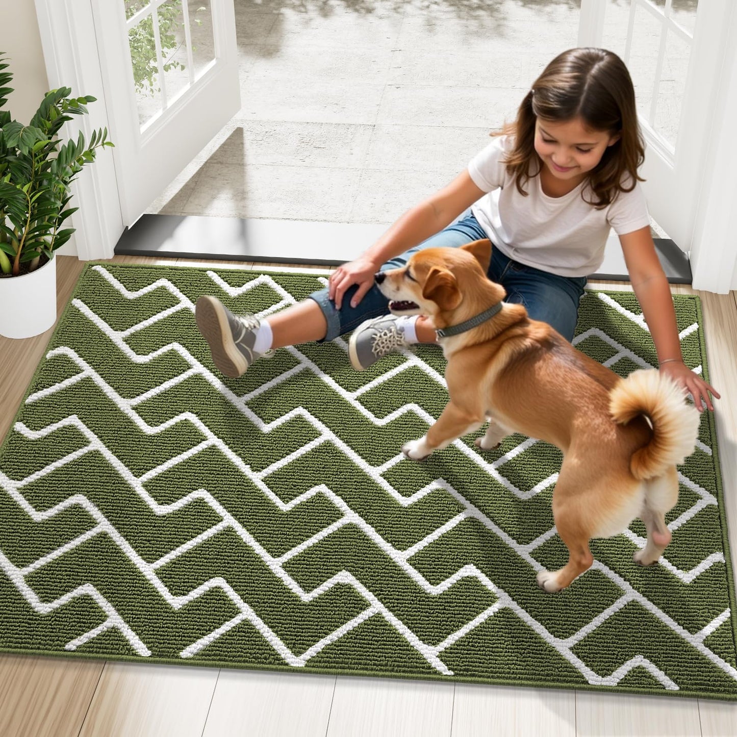 OLANLY Front Door Mat, Non-Slip Rubber Backing, Dirt Resistant and Absorbent, Washable, Easy to Clean Low-Profile Indoor Doormat for Back Door, Entryway, Inside Entrance, 48x32, Green